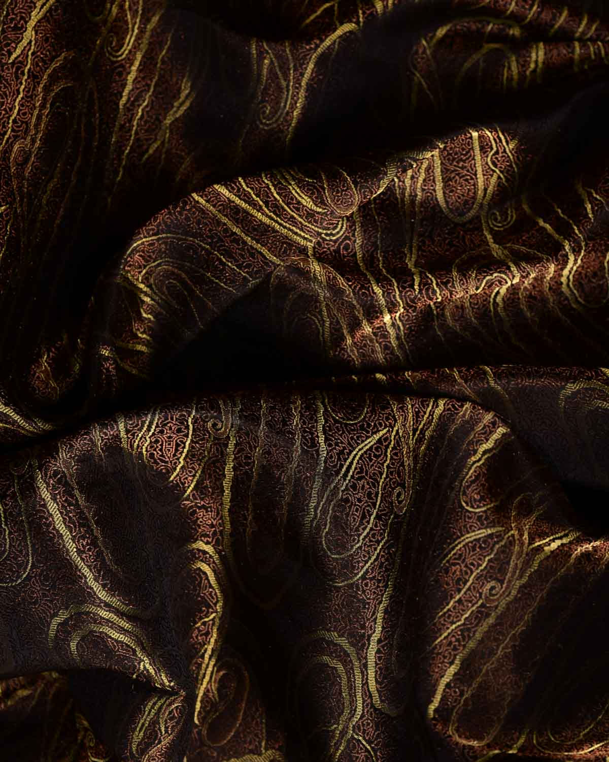 Metallic Black Gold & Antique Zari Paisleys Satin Tanchoi Handwoven Katan Silk Banarasi Fabric-HolyWeaves