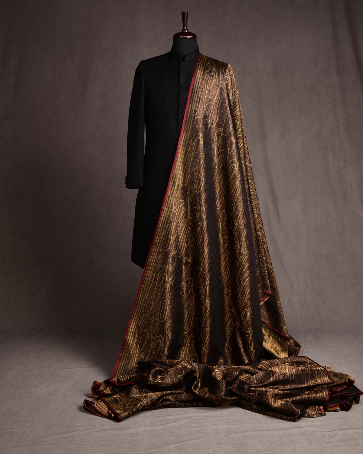 Metallic Black Gold & Antique Zari Paisleys Satin Tanchoi Handwoven Katan Silk Banarasi Fabric-HolyWeaves