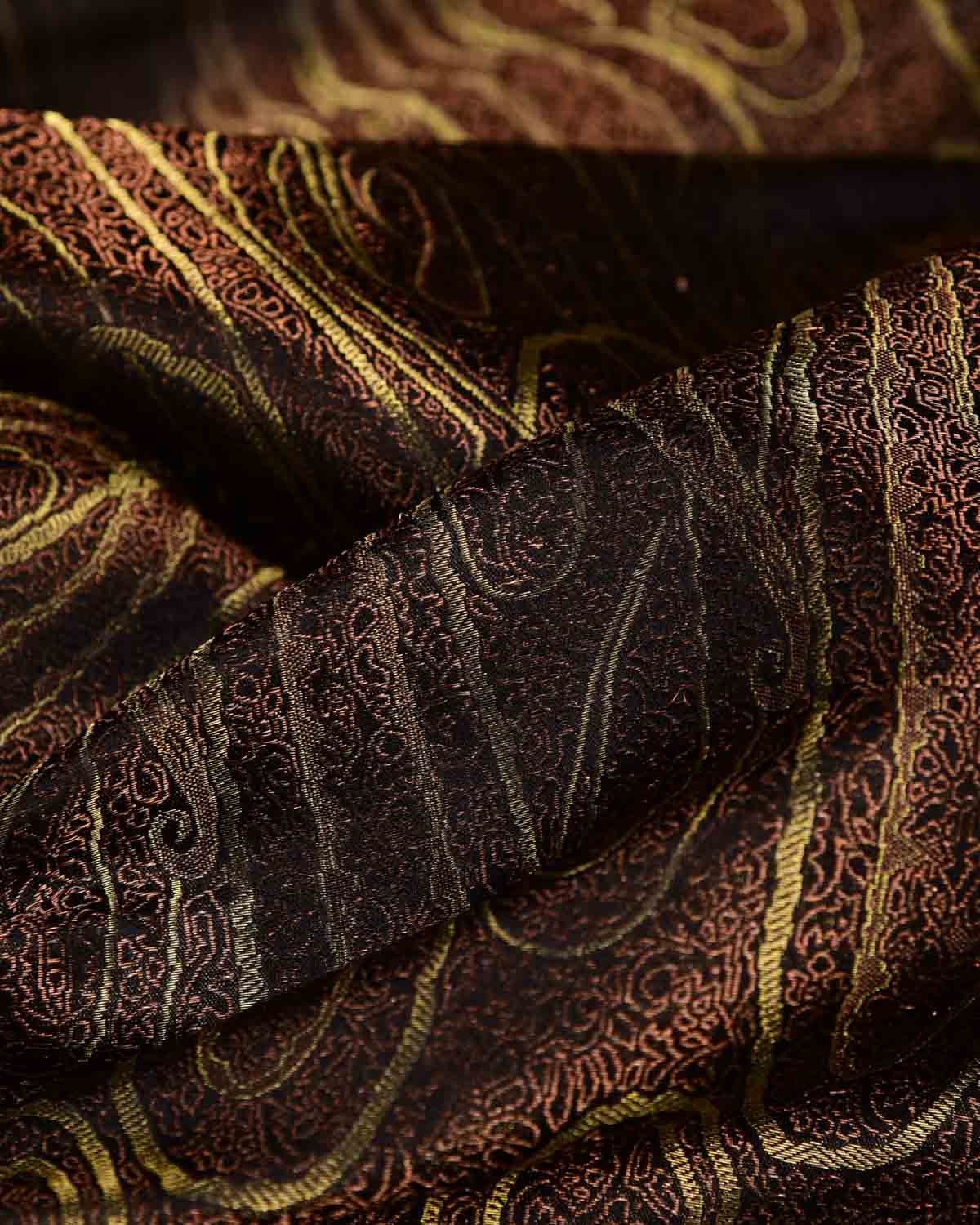 Metallic Black Gold & Antique Zari Paisleys Satin Tanchoi Handwoven Katan Silk Banarasi Fabric-HolyWeaves