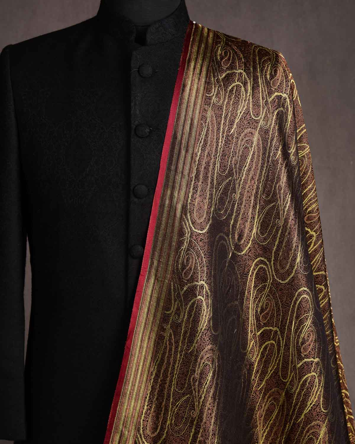 Metallic Black Gold & Antique Zari Paisleys Satin Tanchoi Handwoven Katan Silk Banarasi Fabric-HolyWeaves