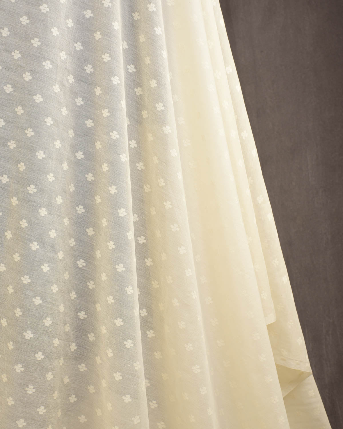 Ivory White Resham Buti Cutwork Brocade Woven Cotton Silk Banarasi Fabric-HolyWeaves