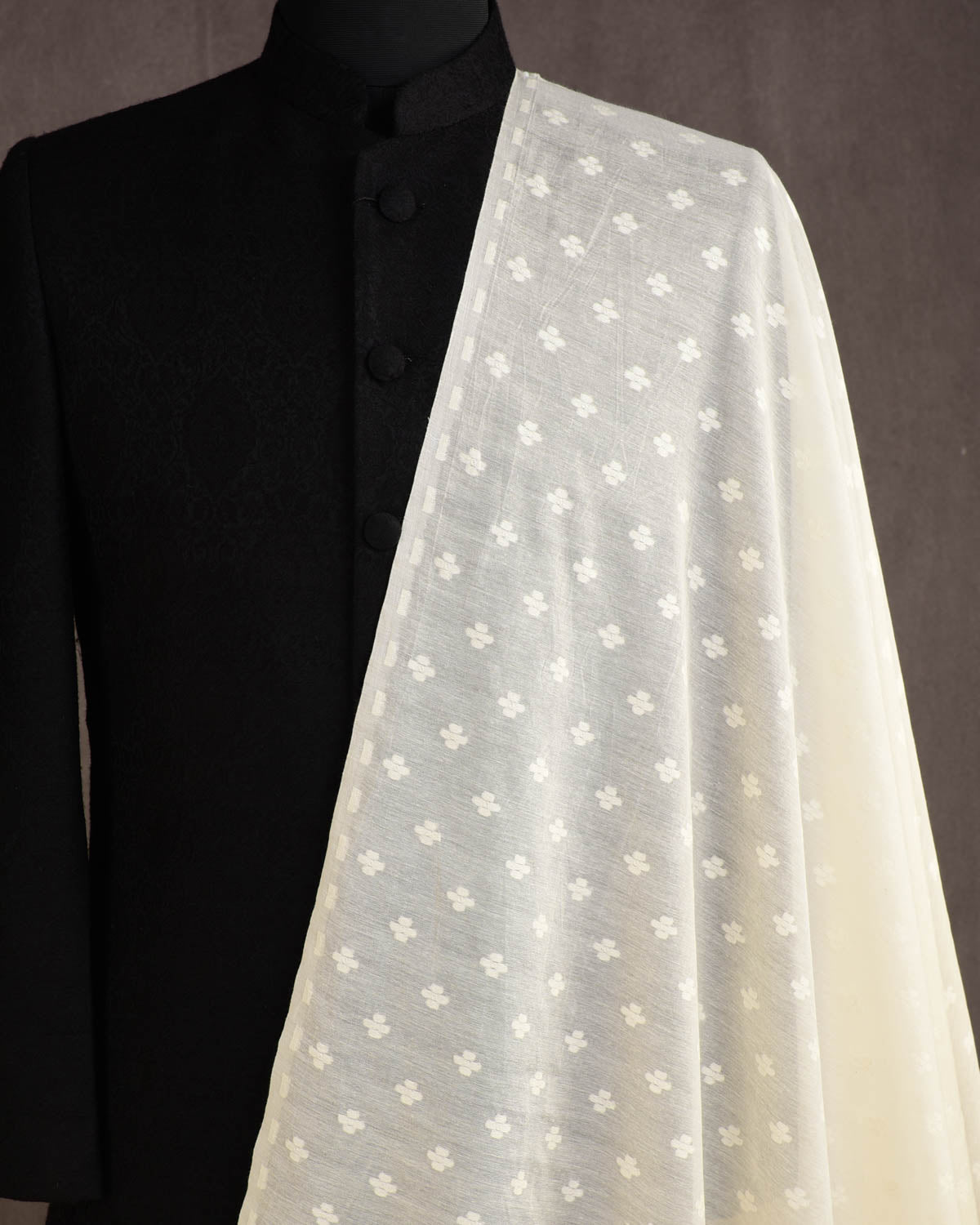 Ivory White Resham Buti Cutwork Brocade Woven Cotton Silk Banarasi Fabric-HolyWeaves