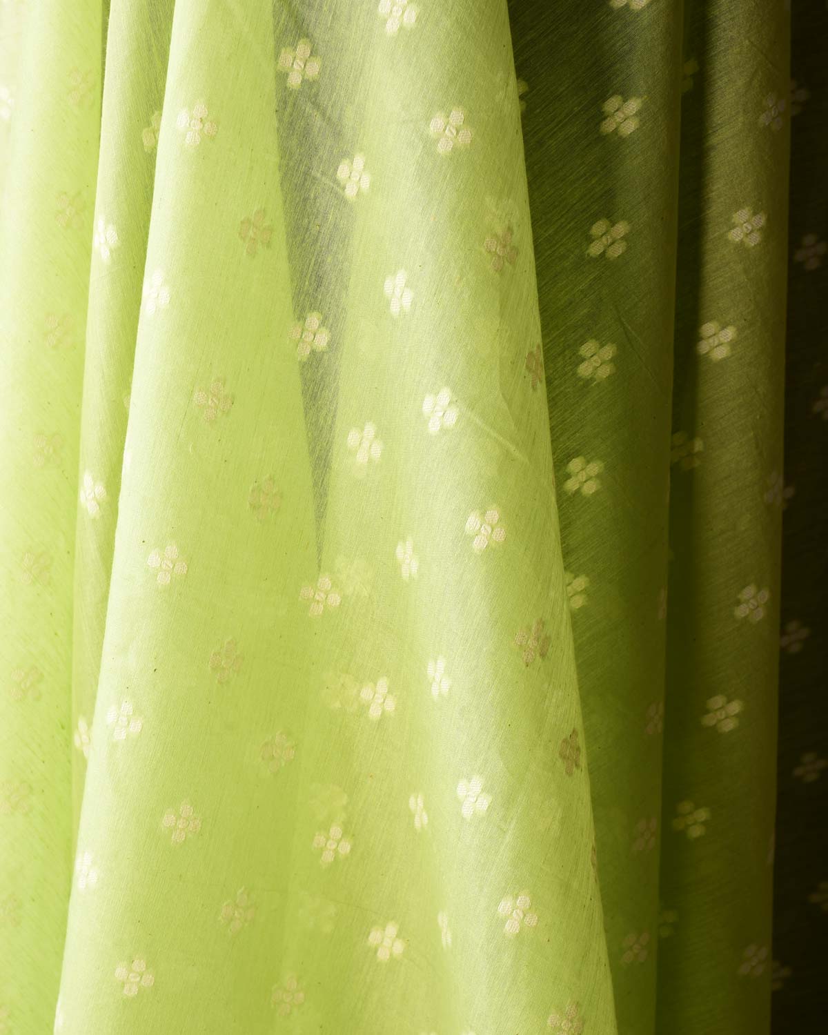 Sage Green Resham Buti Cutwork Brocade Woven Cotton Silk Banarasi Fabric-HolyWeaves