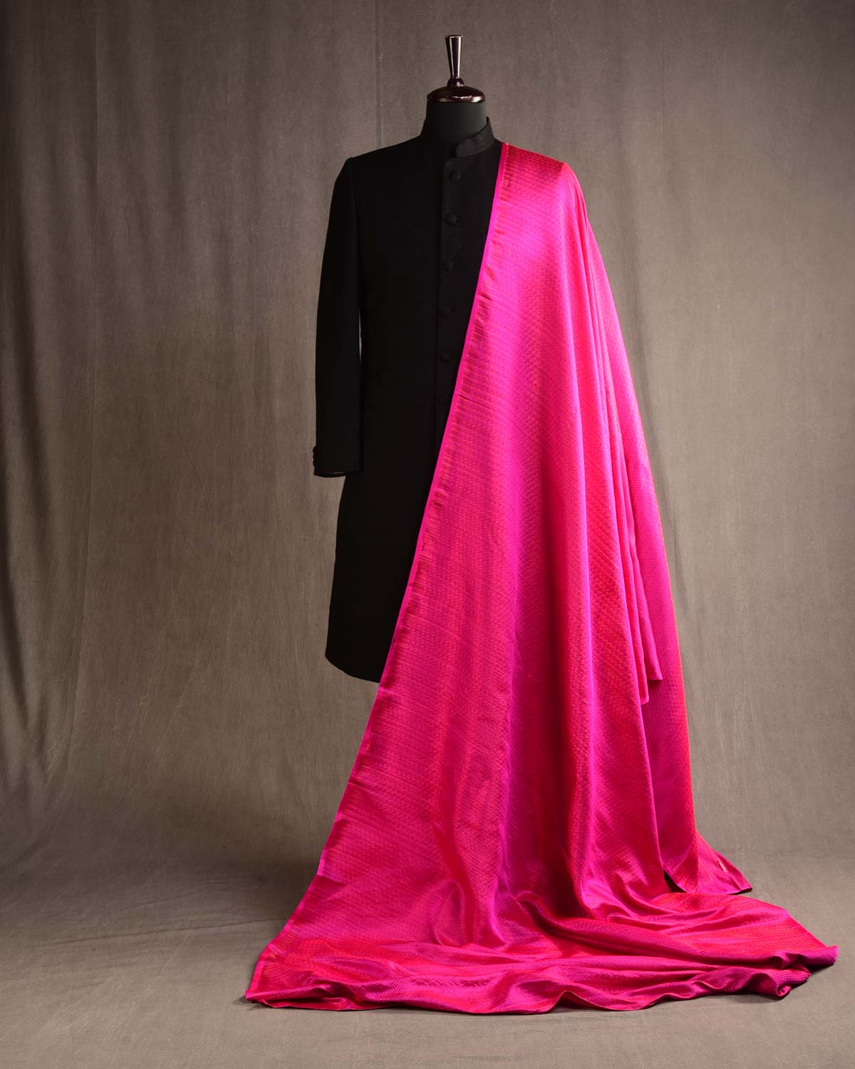 Multi-color Fuchsia Pink Multi-Color Herring Bone Satin Tanchoi Handwoven Katan Silk Banarasi Fabric-HolyWeaves