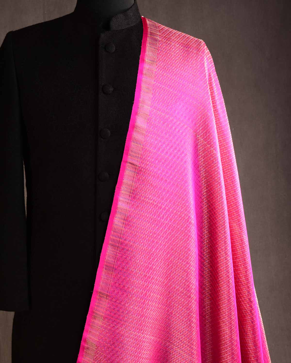 Matallic Varigated Pink Gold & Silver Multi-Color Herring Bone Satin Tanchoi Handwoven Katan Silk Banarasi Fabric-HolyWeaves