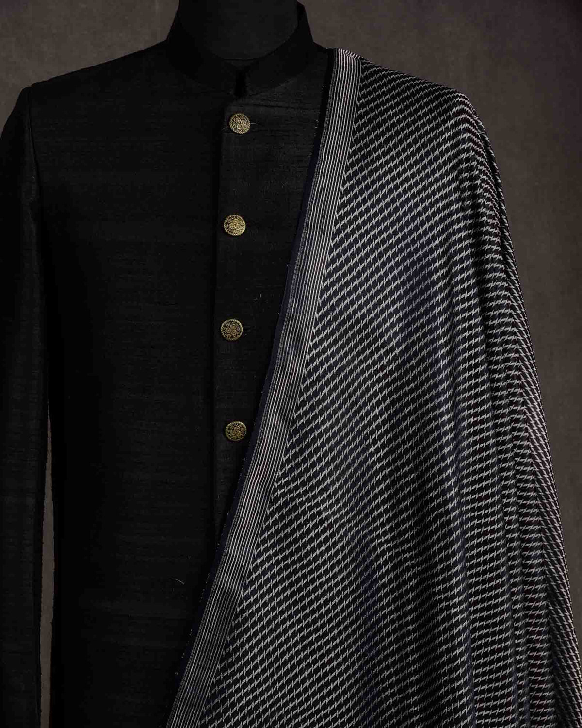 Black Gold Multi-Color Herring Bone Satin Tanchoi Brocade Handwoven Katan Silk Banarasi Fabric-HolyWeaves