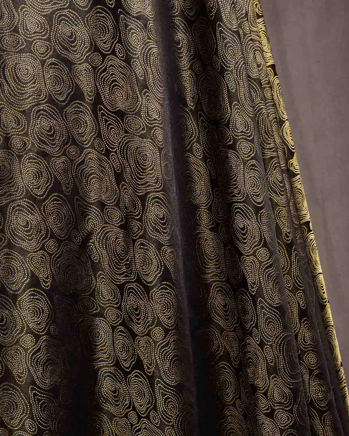 Black Gold & Silver Zari Oasis Satin Tanchoi Handwoven Katan Silk Banarasi Fabric-HolyWeaves