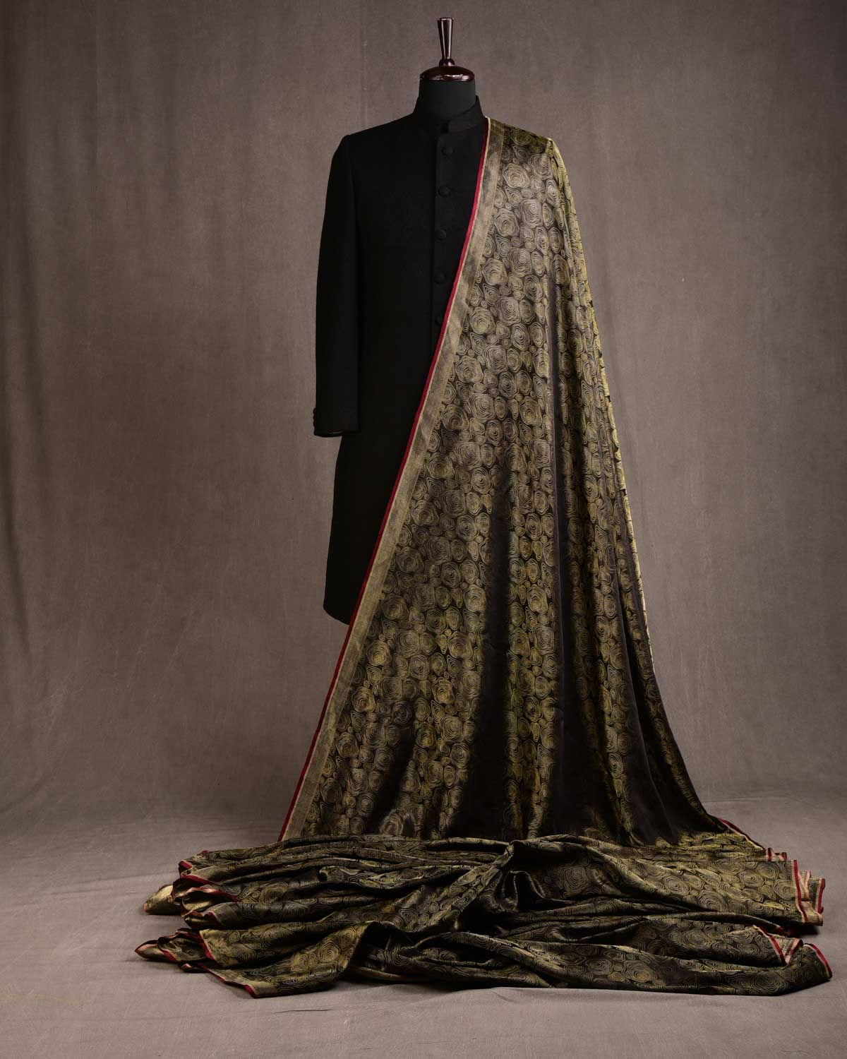 Black Gold & Silver Zari Oasis Satin Tanchoi Handwoven Katan Silk Banarasi Fabric-HolyWeaves