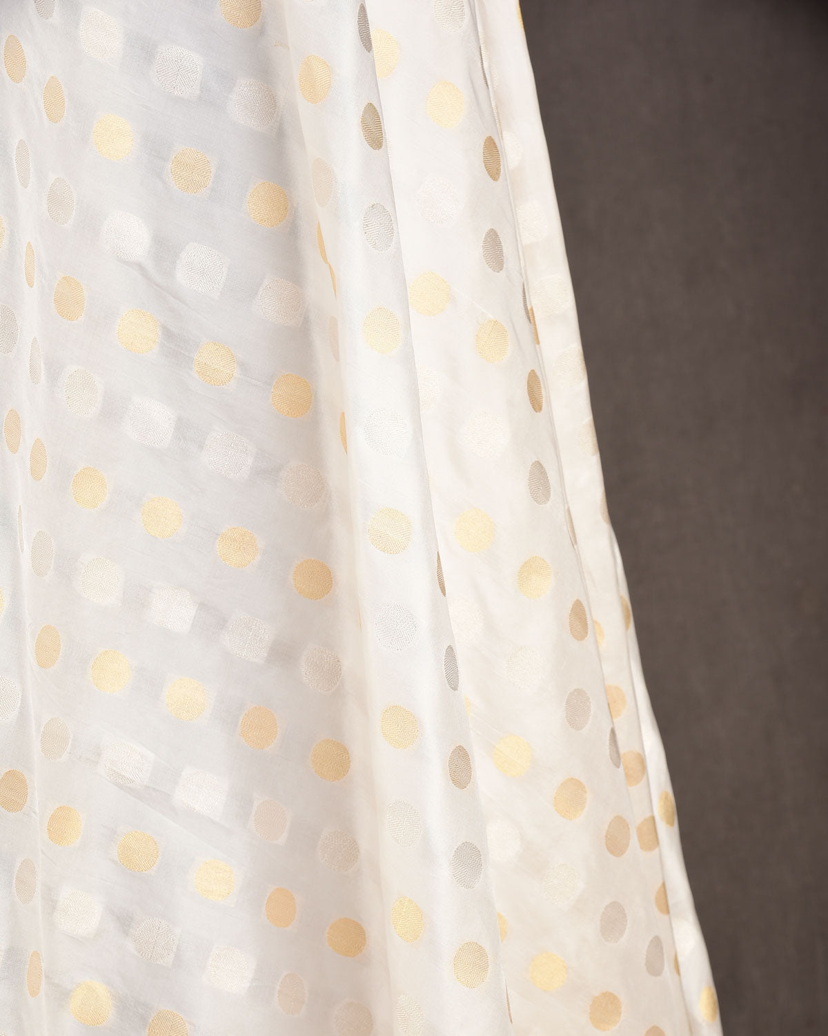 White Gold & Silver Zari Asharfi buti Cutwork Brocade Handwoven Katan Silk Banarasi Fabric-HolyWeaves