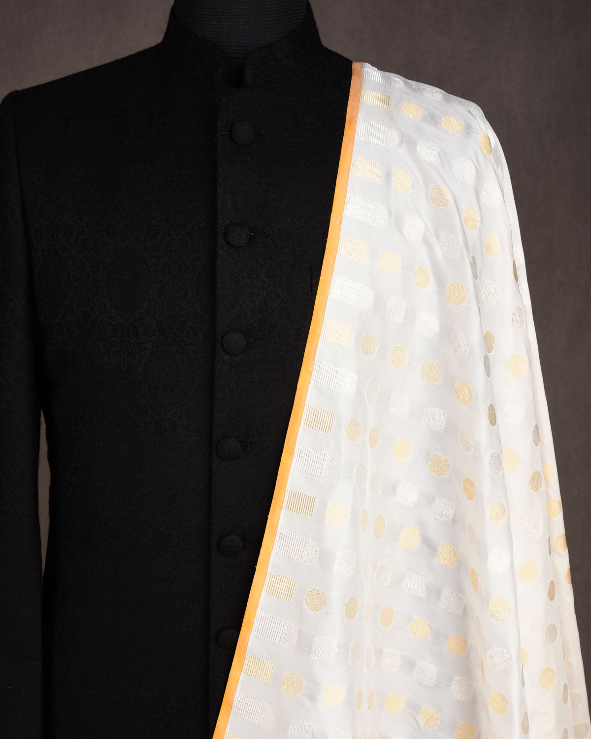 White Gold & Silver Zari Asharfi buti Cutwork Brocade Handwoven Katan Silk Banarasi Fabric-HolyWeaves
