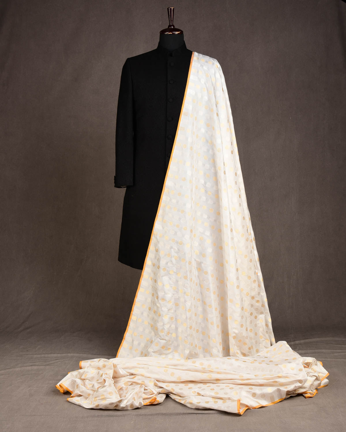 White Gold & Silver Zari Asharfi buti Cutwork Brocade Handwoven Katan Silk Banarasi Fabric-HolyWeaves