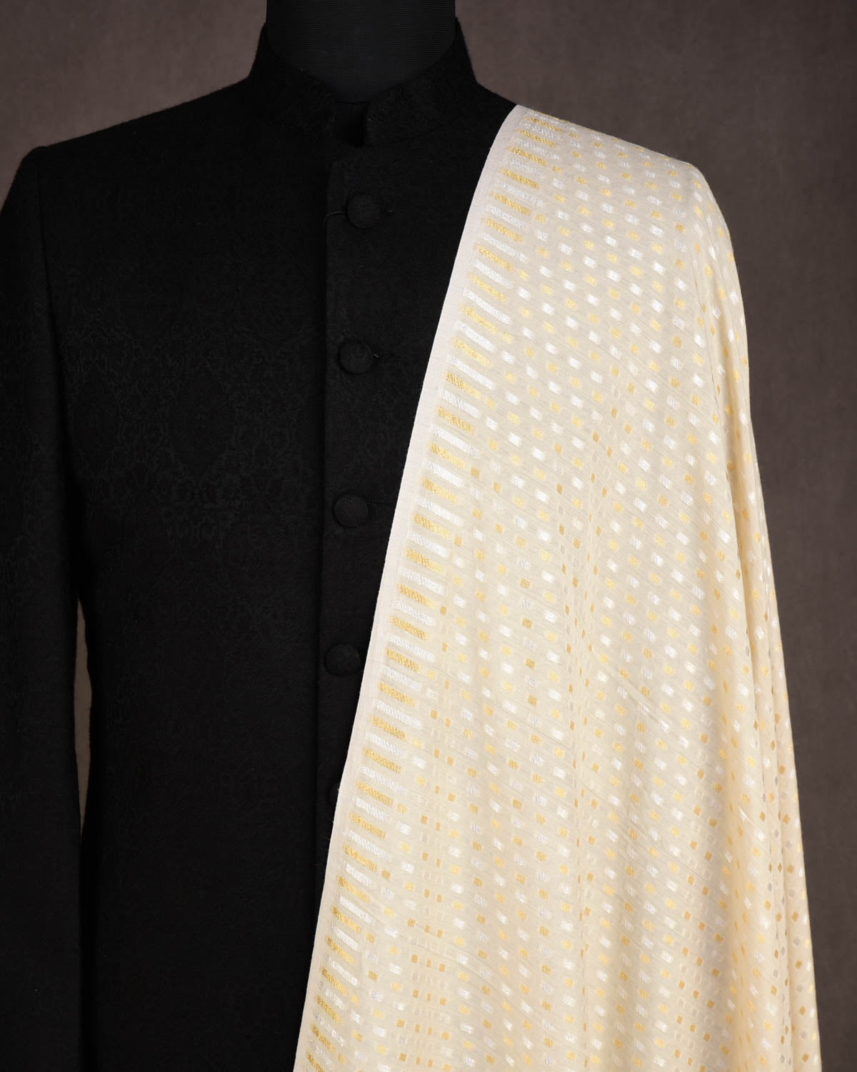 Beige Dotted Gold & Silver Zari Cutwork Brocade Handwoven Muga Georgette Banarasi Fabric-HolyWeaves