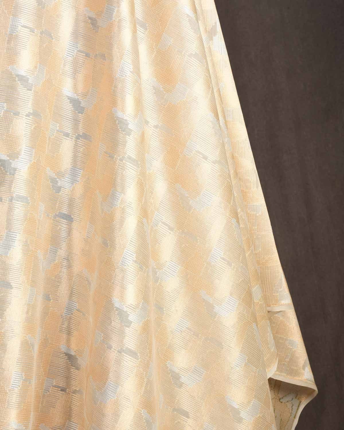 Cream Gold & Silver Zari Abstract Geometric Cutwork Brocade Woven Cotton Silk Banarasi Fabric-HolyWeaves