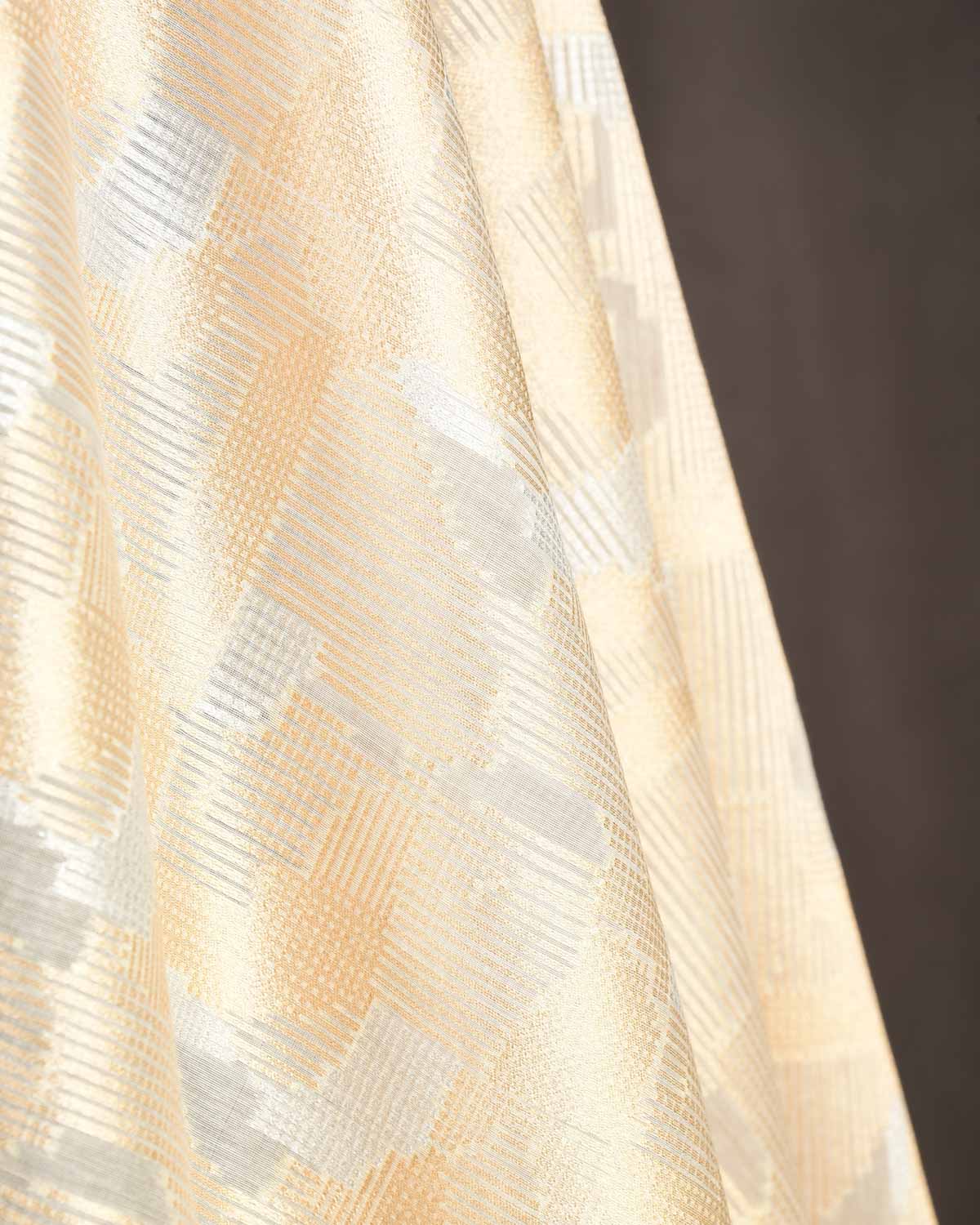 Cream Gold & Silver Zari Abstract Geometric Cutwork Brocade Woven Cotton Silk Banarasi Fabric-HolyWeaves