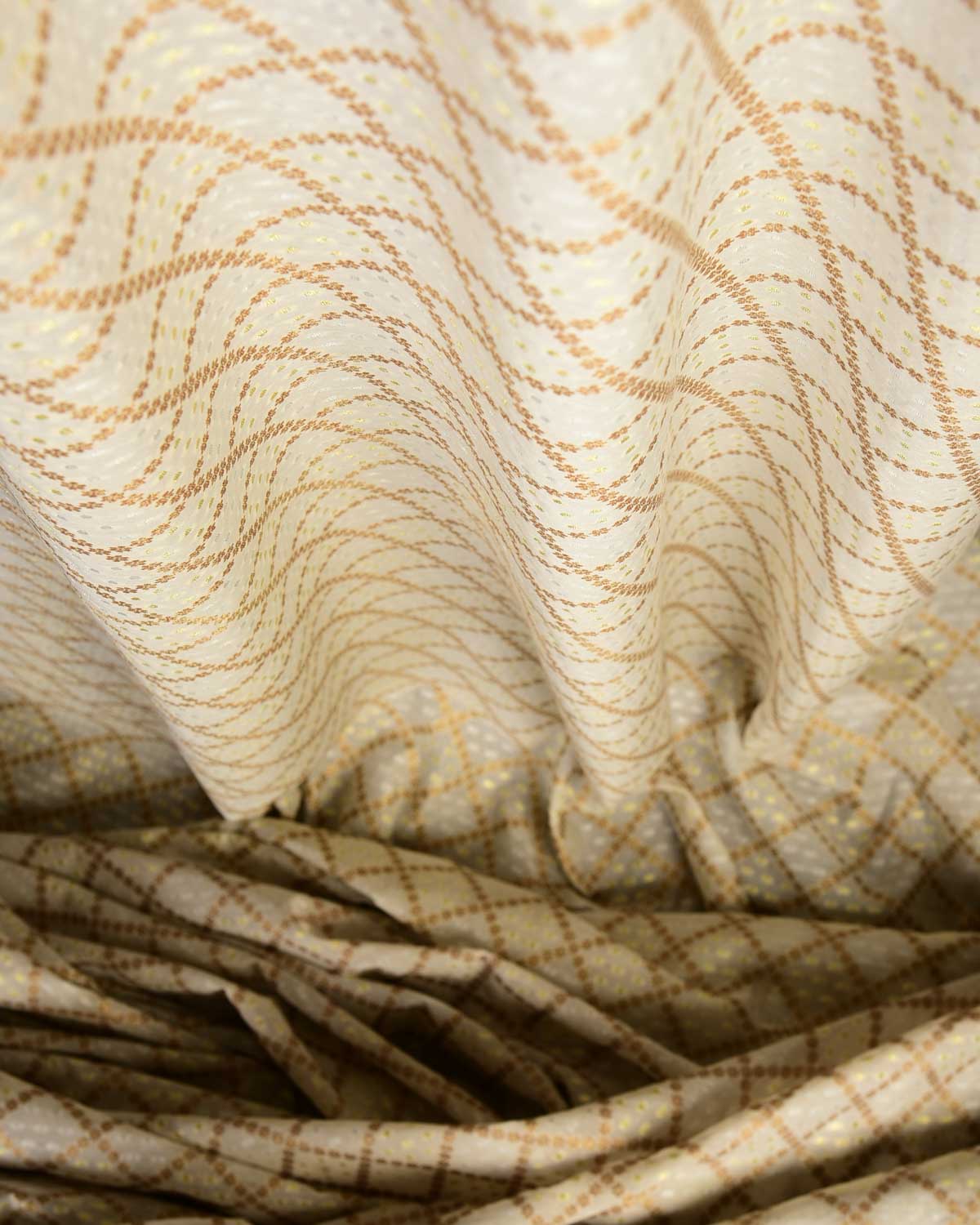 Ivory White Gold Silver Antique Zari Grids Cutwork Brocade Woven Poly Cotton Silk Banarasi Fabric-HolyWeaves
