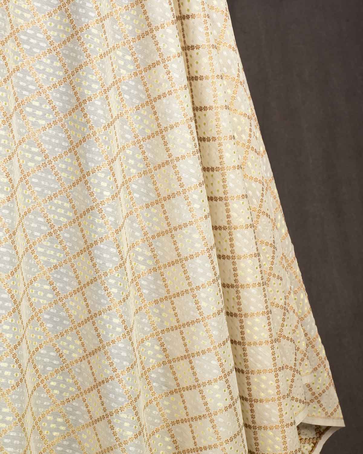 Ivory White Gold Silver Antique Zari Grids Cutwork Brocade Woven Poly Cotton Silk Banarasi Fabric-HolyWeaves