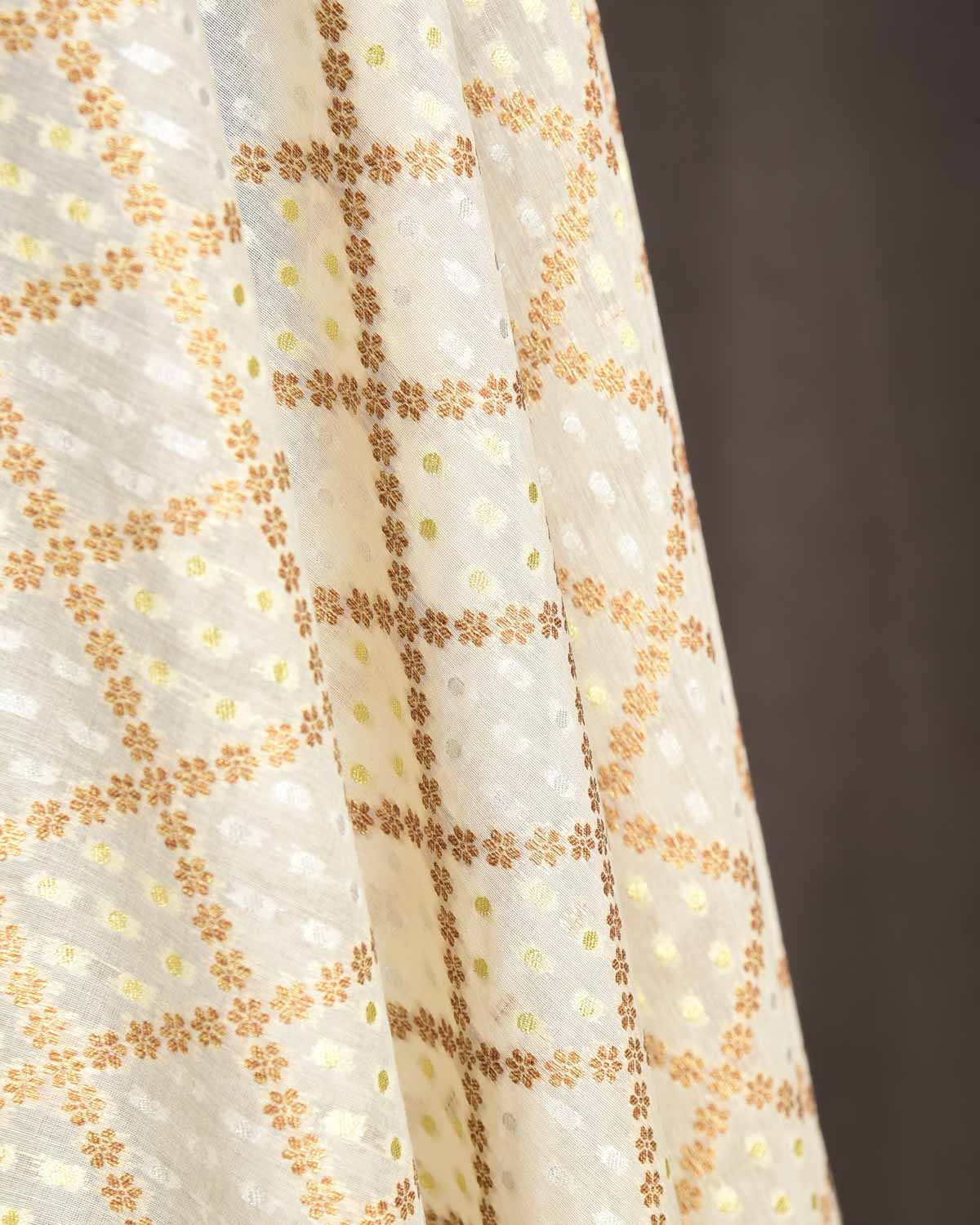 Ivory White Gold Silver Antique Zari Grids Cutwork Brocade Woven Poly Cotton Silk Banarasi Fabric-HolyWeaves