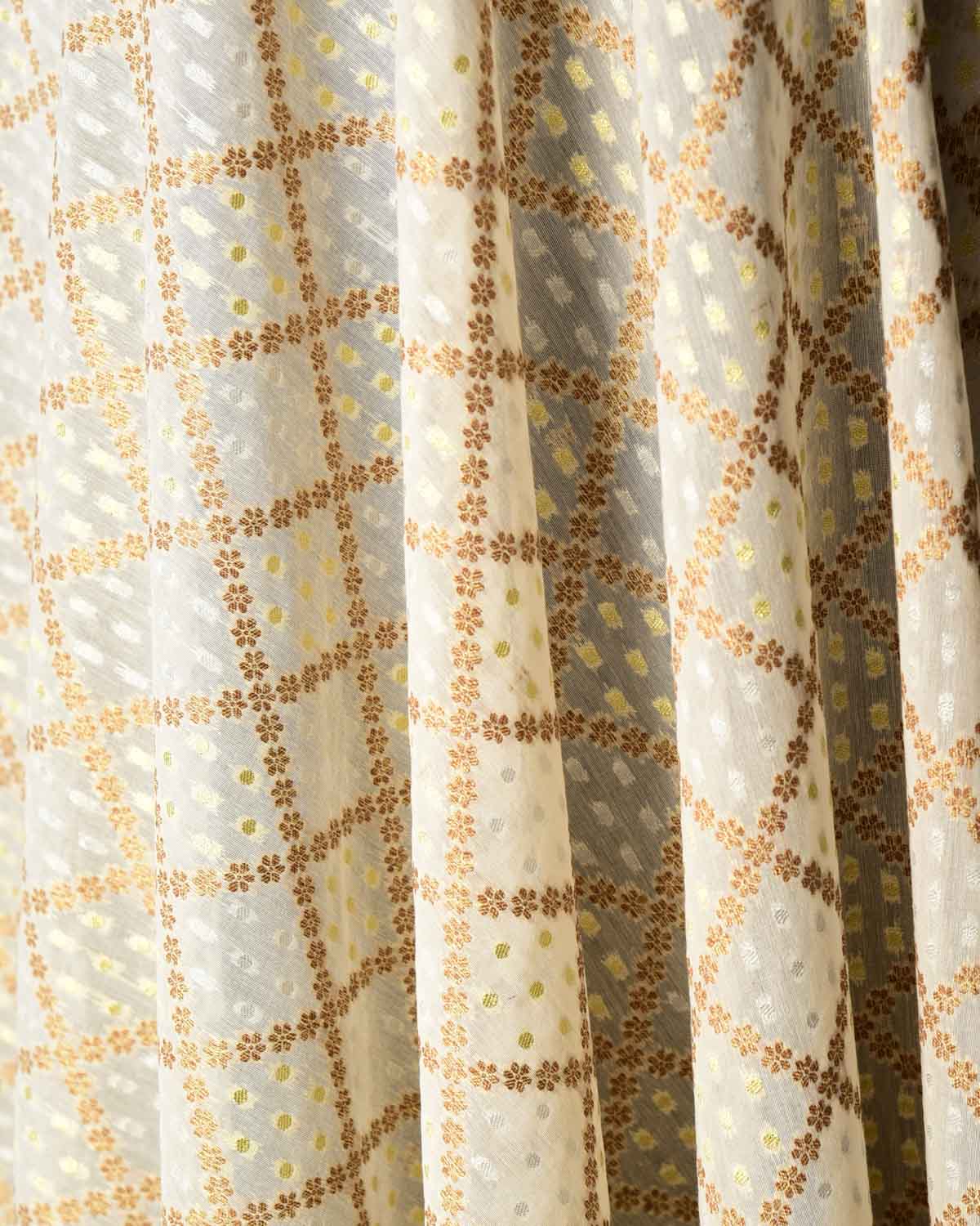 Ivory White Gold Silver Antique Zari Grids Cutwork Brocade Woven Poly Cotton Silk Banarasi Fabric-HolyWeaves