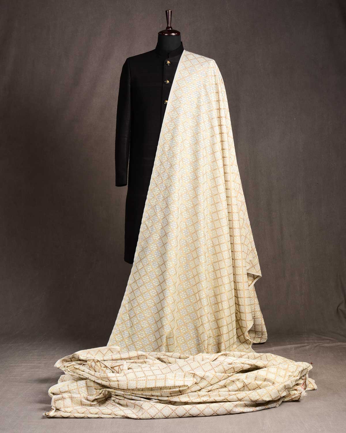 Ivory White Gold Silver Antique Zari Grids Cutwork Brocade Woven Poly Cotton Silk Banarasi Fabric-HolyWeaves