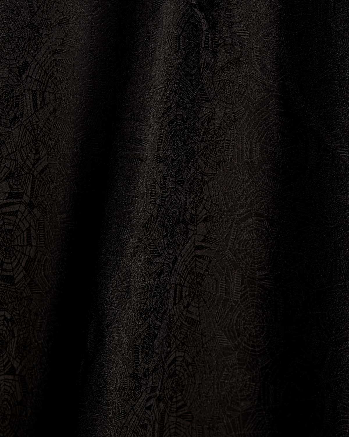 Black WATERMARK Spider Web Satin Tanchoi Handwoven Katan Silk Banarasi Fabric-HolyWeaves