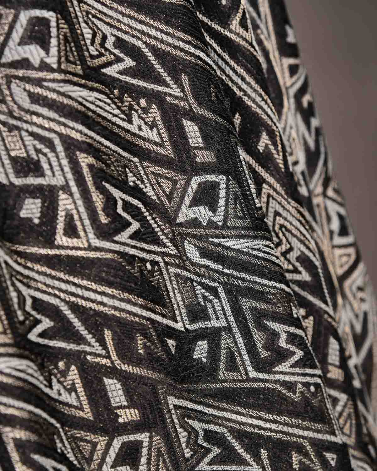 Black Contemporary Geometric Satin Brocade Handwoven Silk Wool Banarasi Fabric-HolyWeaves