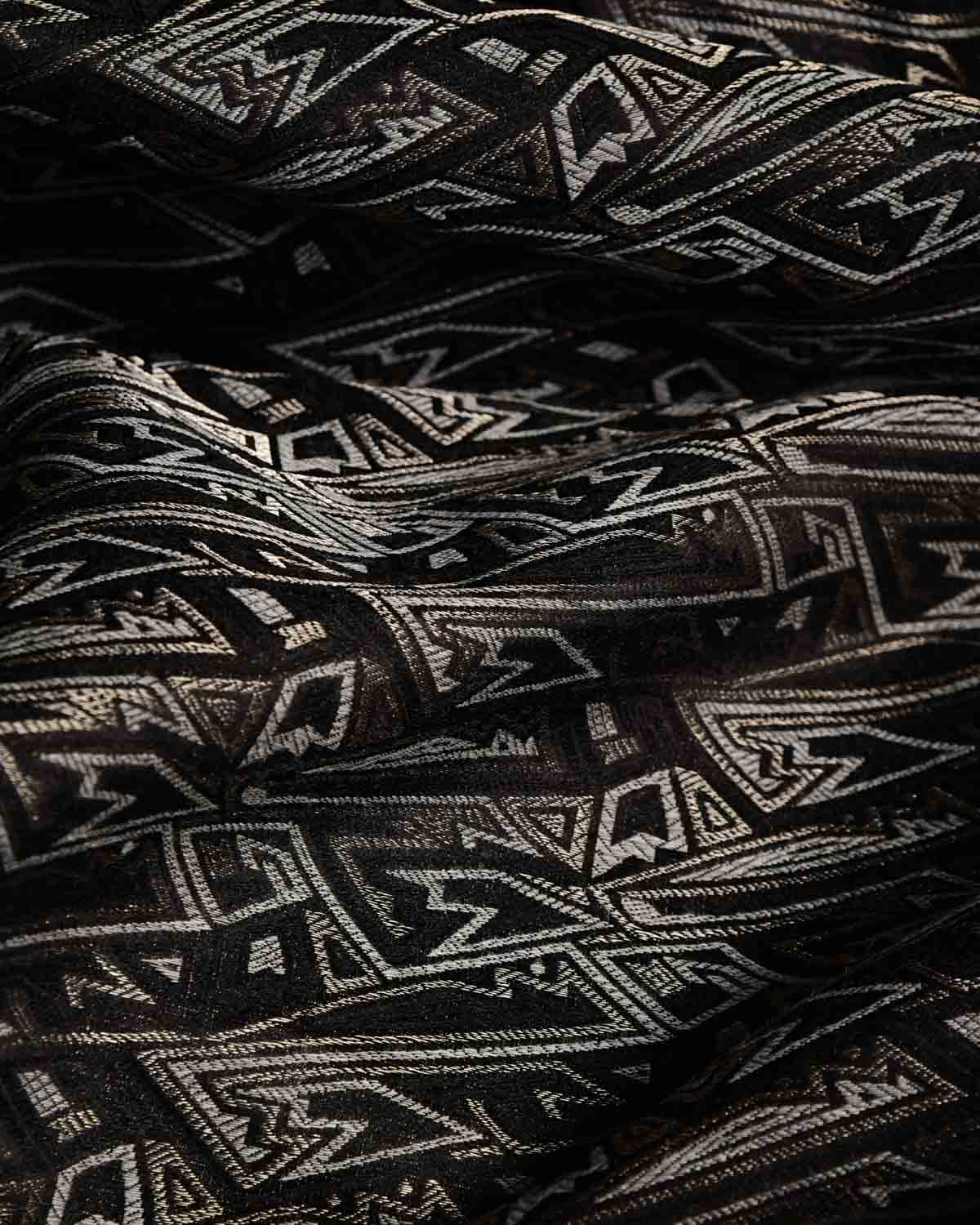Black Contemporary Geometric Satin Brocade Handwoven Silk Wool Banarasi Fabric-HolyWeaves