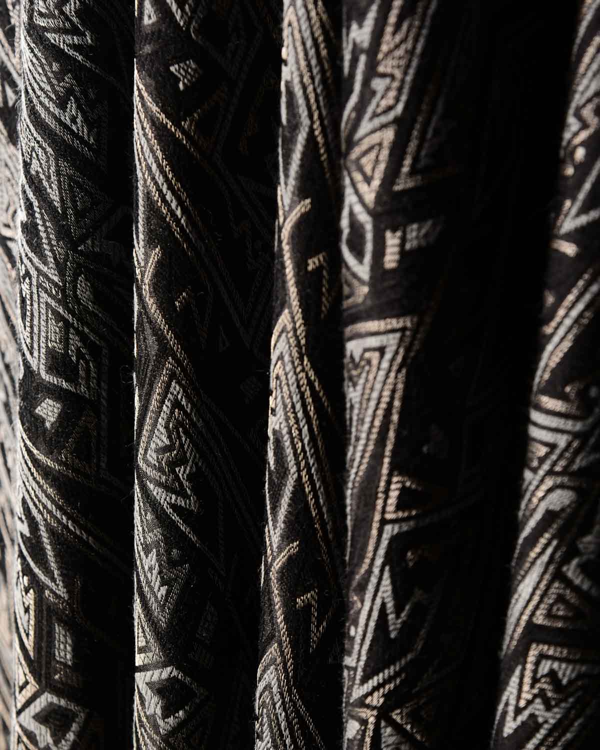 Black Contemporary Geometric Satin Brocade Handwoven Silk Wool Banarasi Fabric-HolyWeaves