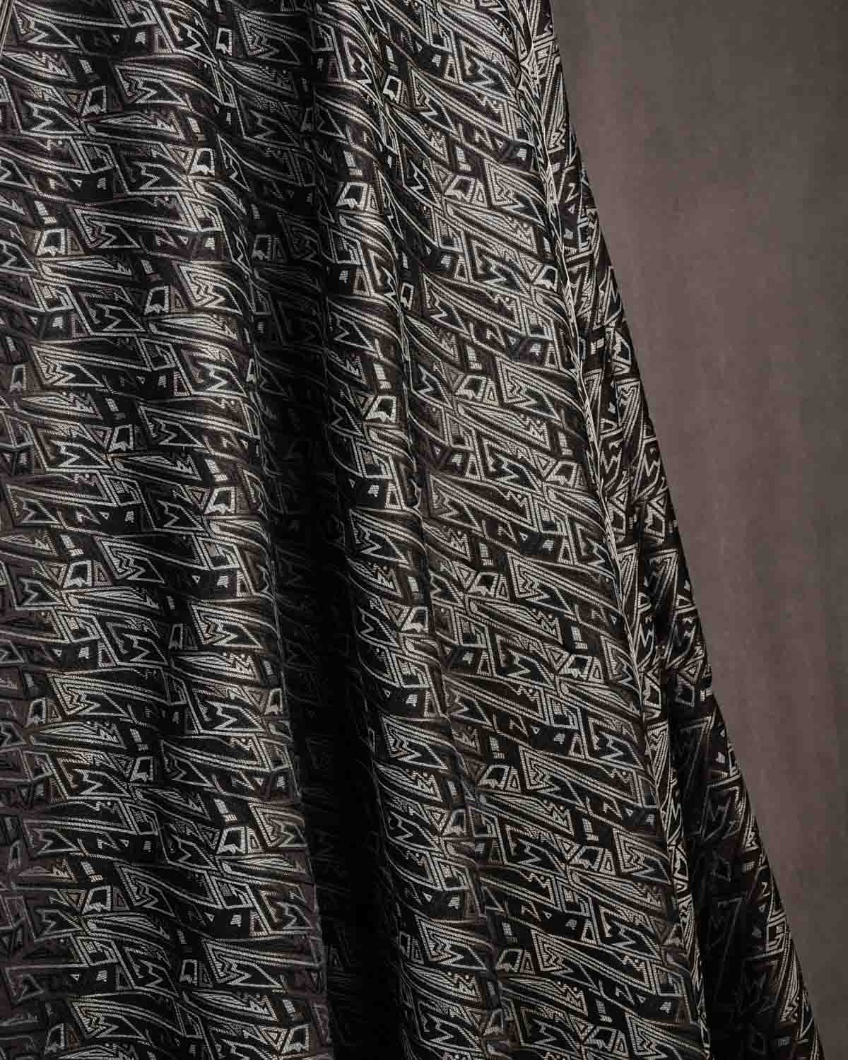 Black Contemporary Geometric Satin Brocade Handwoven Silk Wool Banarasi Fabric-HolyWeaves
