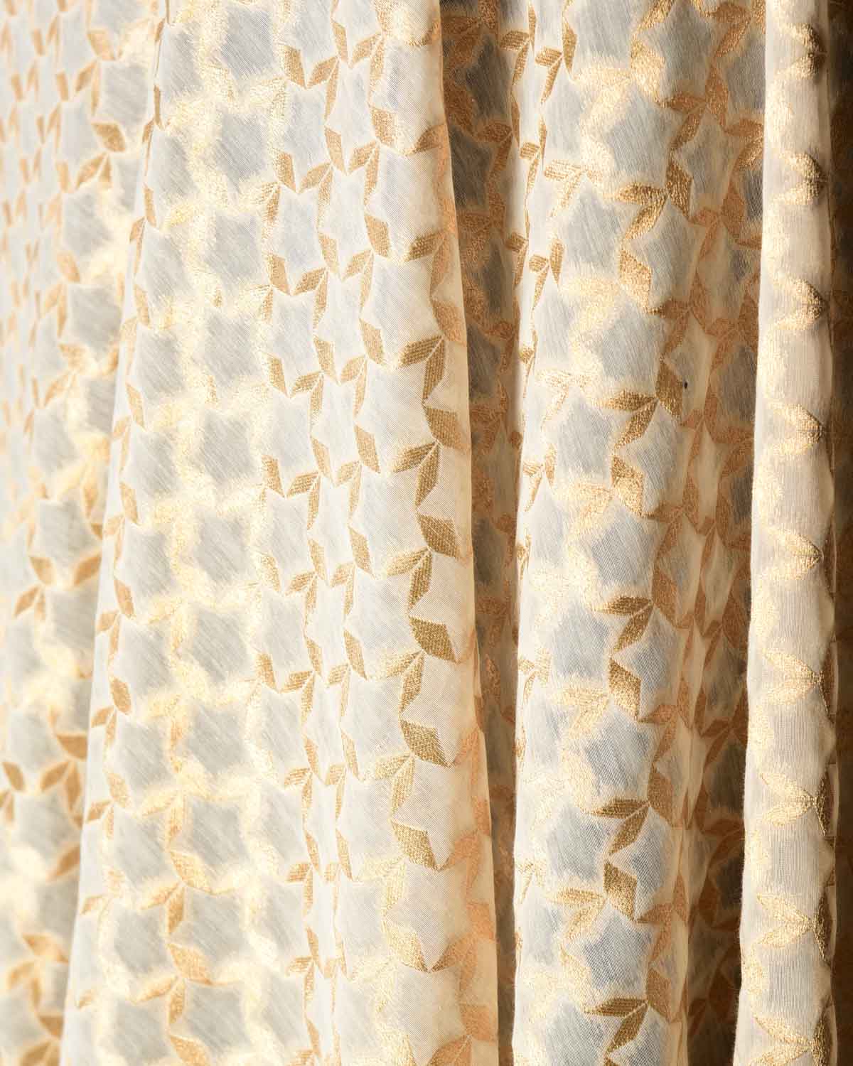 Ivory White Super-Star Cutwork Brocade Woven Cotton Silk Banarasi Fabric-HolyWeaves