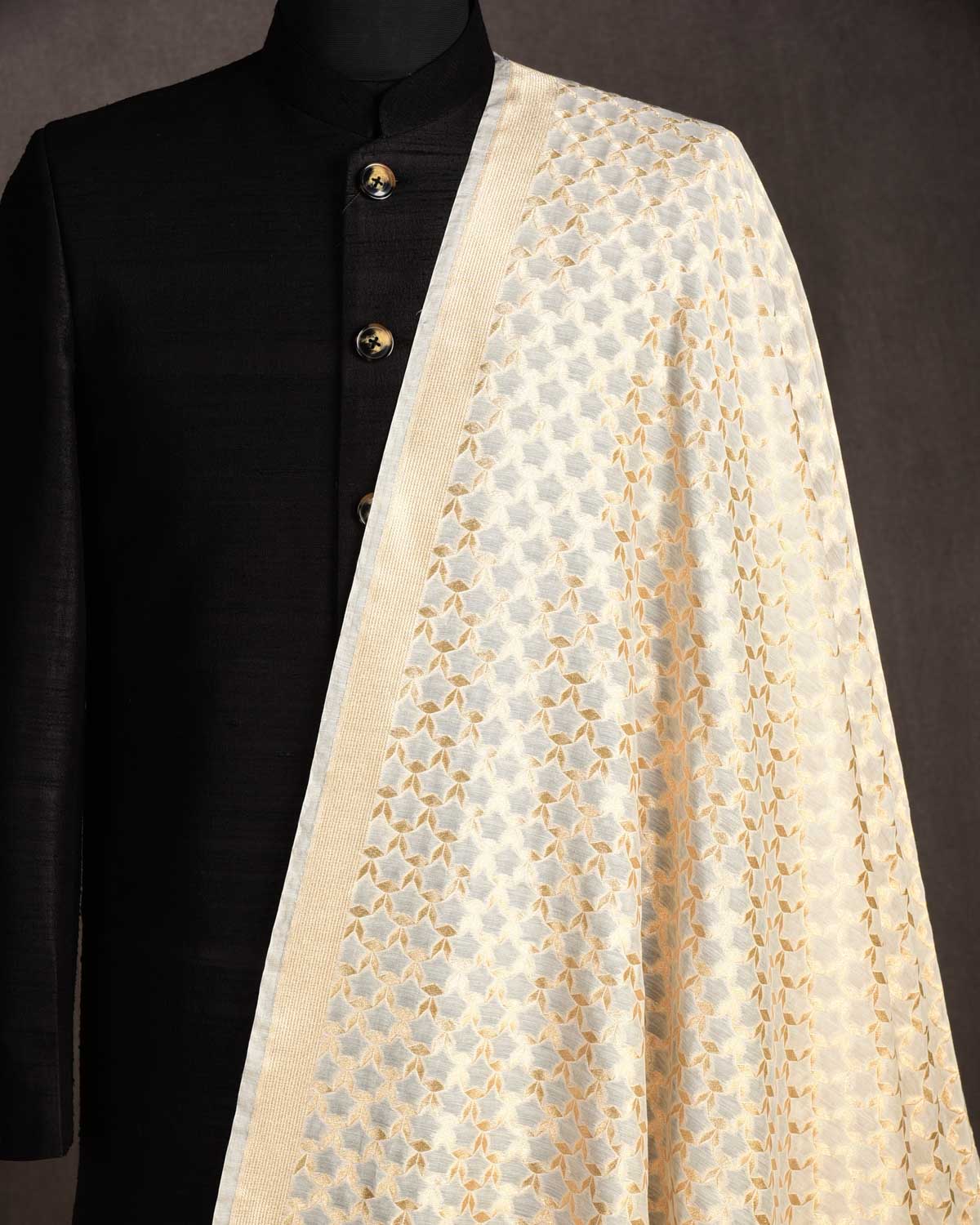 Ivory White Super-Star Cutwork Brocade Woven Cotton Silk Banarasi Fabric-HolyWeaves