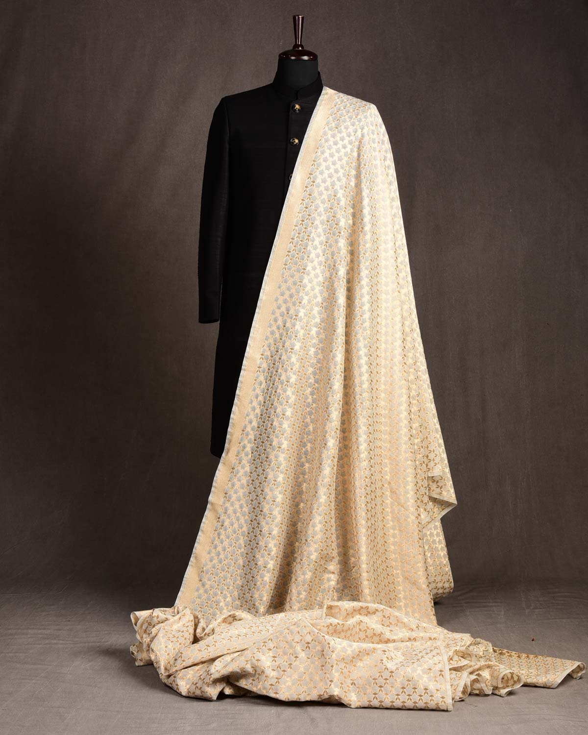 Ivory White Super-Star Cutwork Brocade Woven Cotton Silk Banarasi Fabric-HolyWeaves