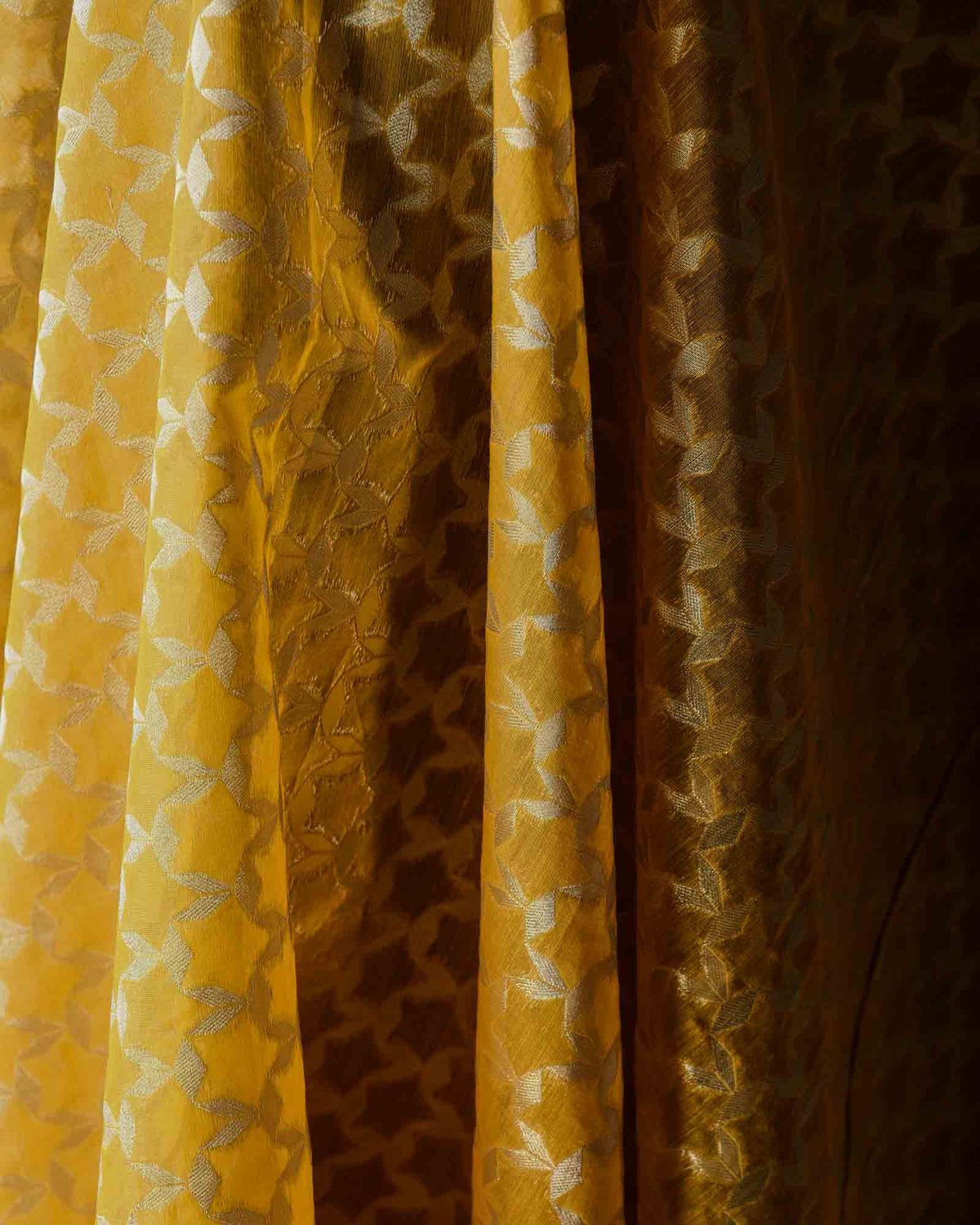 Yellow Silver Zari Stars Cutwork Brocade Woven Cotton Silk Banarasi Fabric-HolyWeaves
