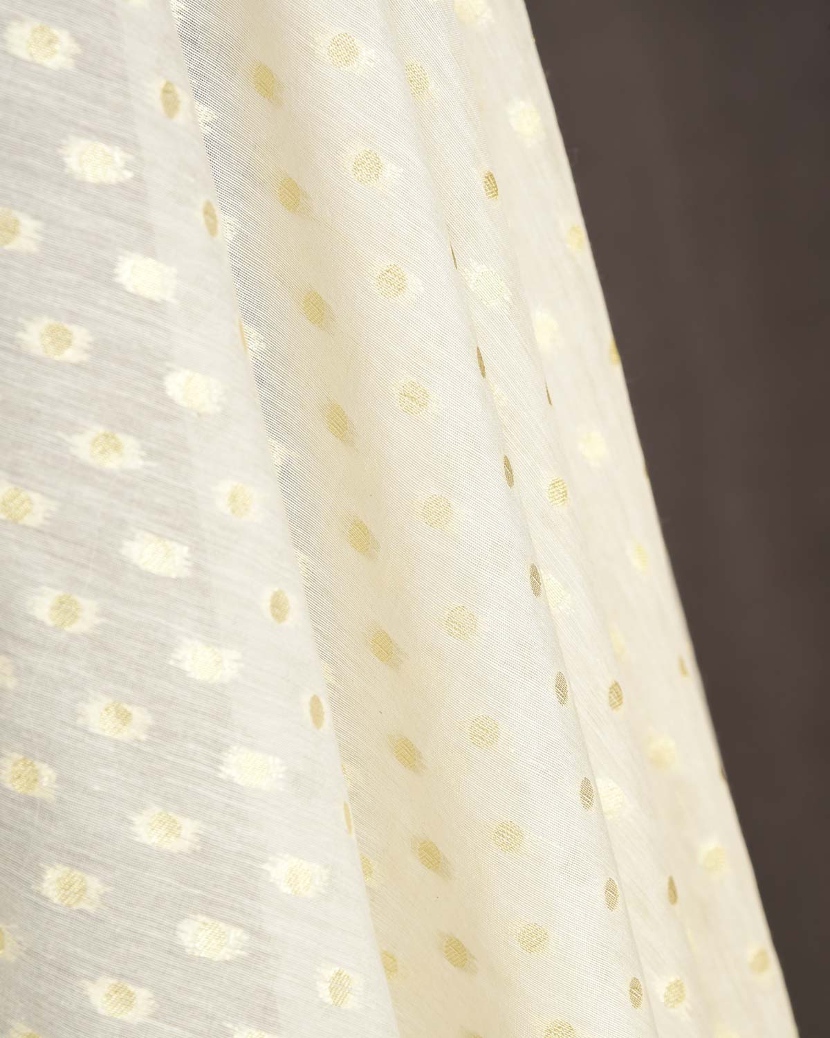 Ivory White Gold Zari Polka Dots Cutwork Brocade Woven Art Cotton Silk Banarasi Fabric-HolyWeaves