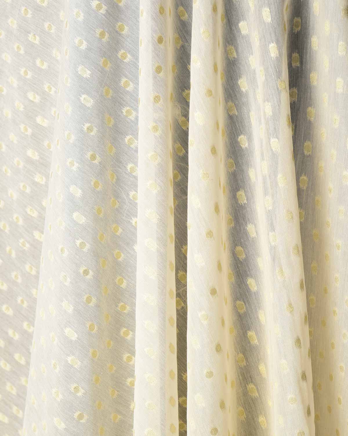 Ivory White Gold Zari Polka Dots Cutwork Brocade Woven Art Cotton Silk Banarasi Fabric-HolyWeaves
