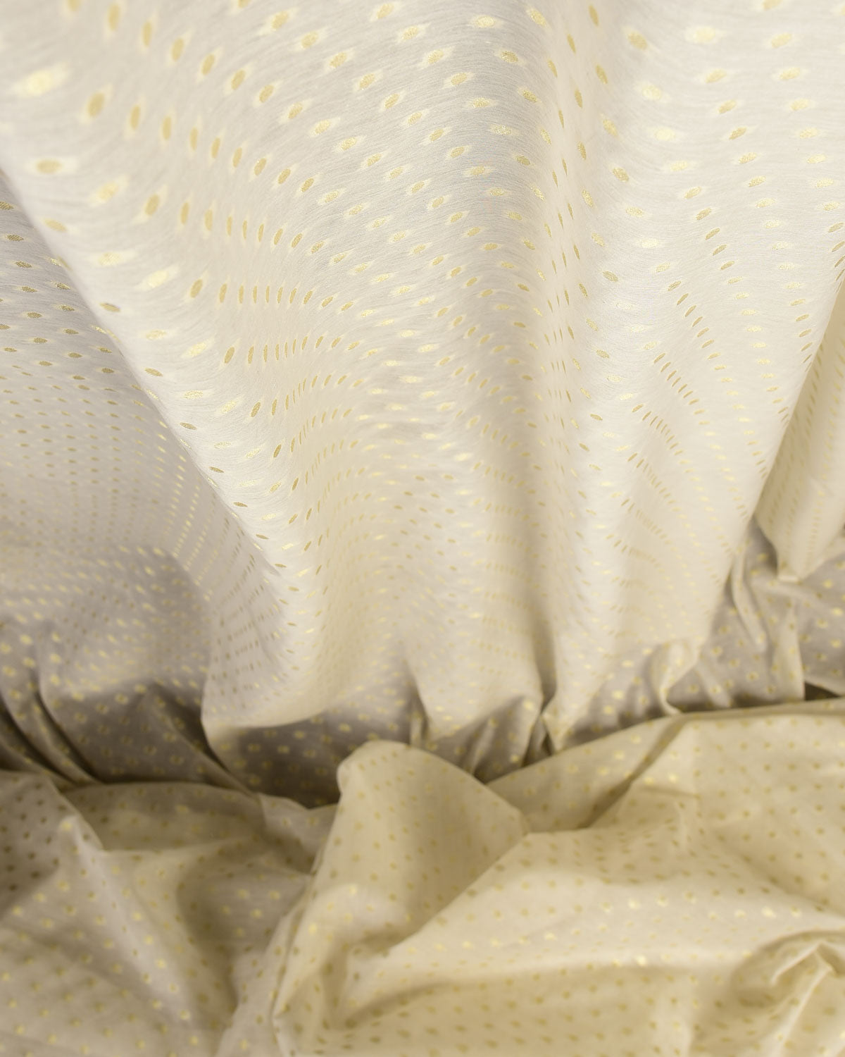 Ivory White Gold Zari Polka Dots Cutwork Brocade Woven Art Cotton Silk Banarasi Fabric-HolyWeaves