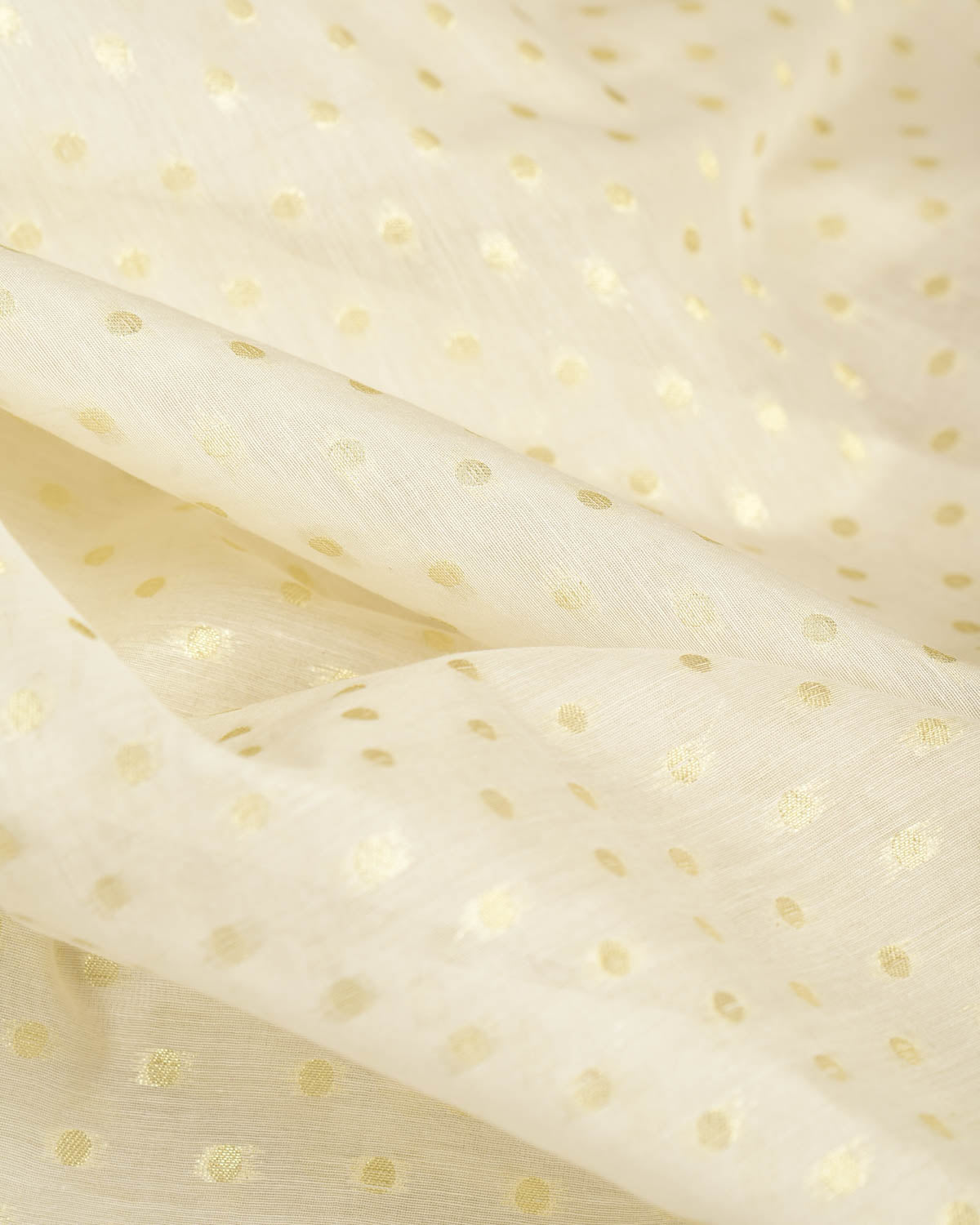 Ivory White Gold Zari Polka Dots Cutwork Brocade Woven Art Cotton Silk Banarasi Fabric-HolyWeaves