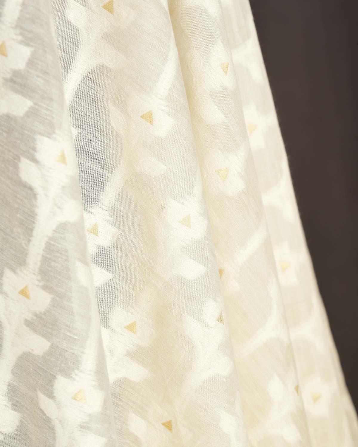 Ivory White Resham & Zari Cutwork Brocade Woven Cotton Silk Banarasi Fabric-HolyWeaves