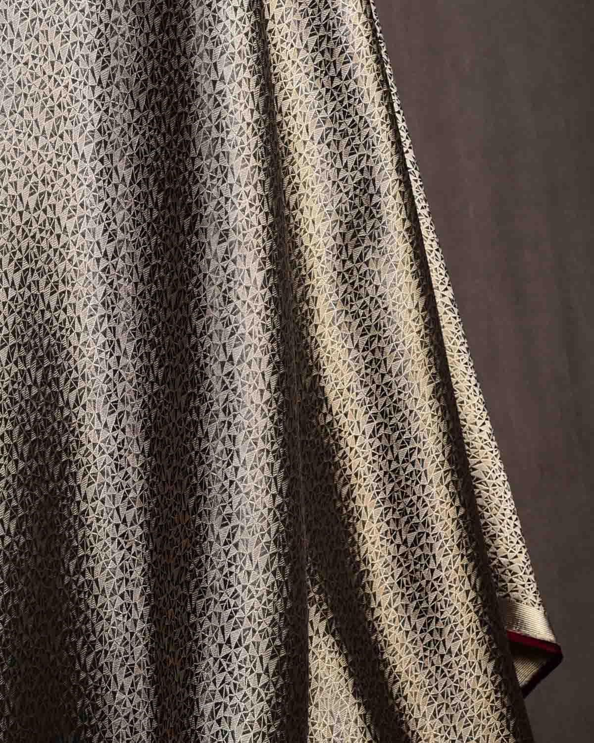 Black Random Triangle Geomtric Gold & Silver Zari Brocade Handwoven Katan Silk Banarasi Fabric-HolyWeaves