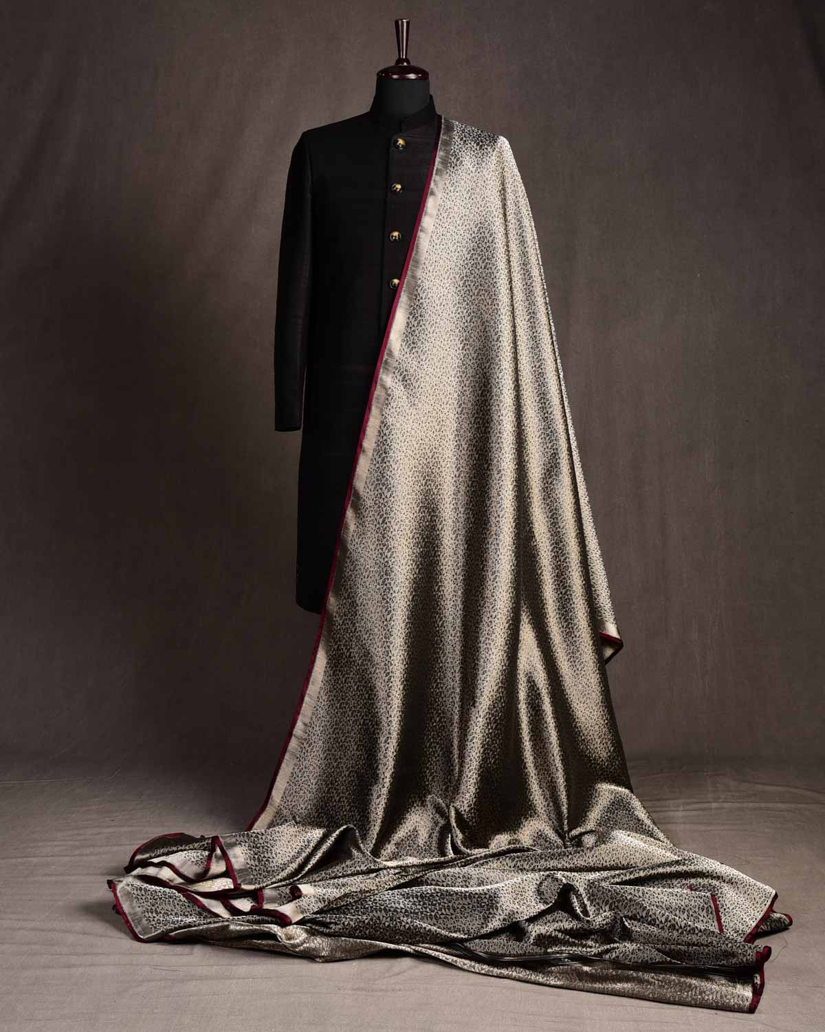 Black Random Triangle Geomtric Gold & Silver Zari Brocade Handwoven Katan Silk Banarasi Fabric-HolyWeaves