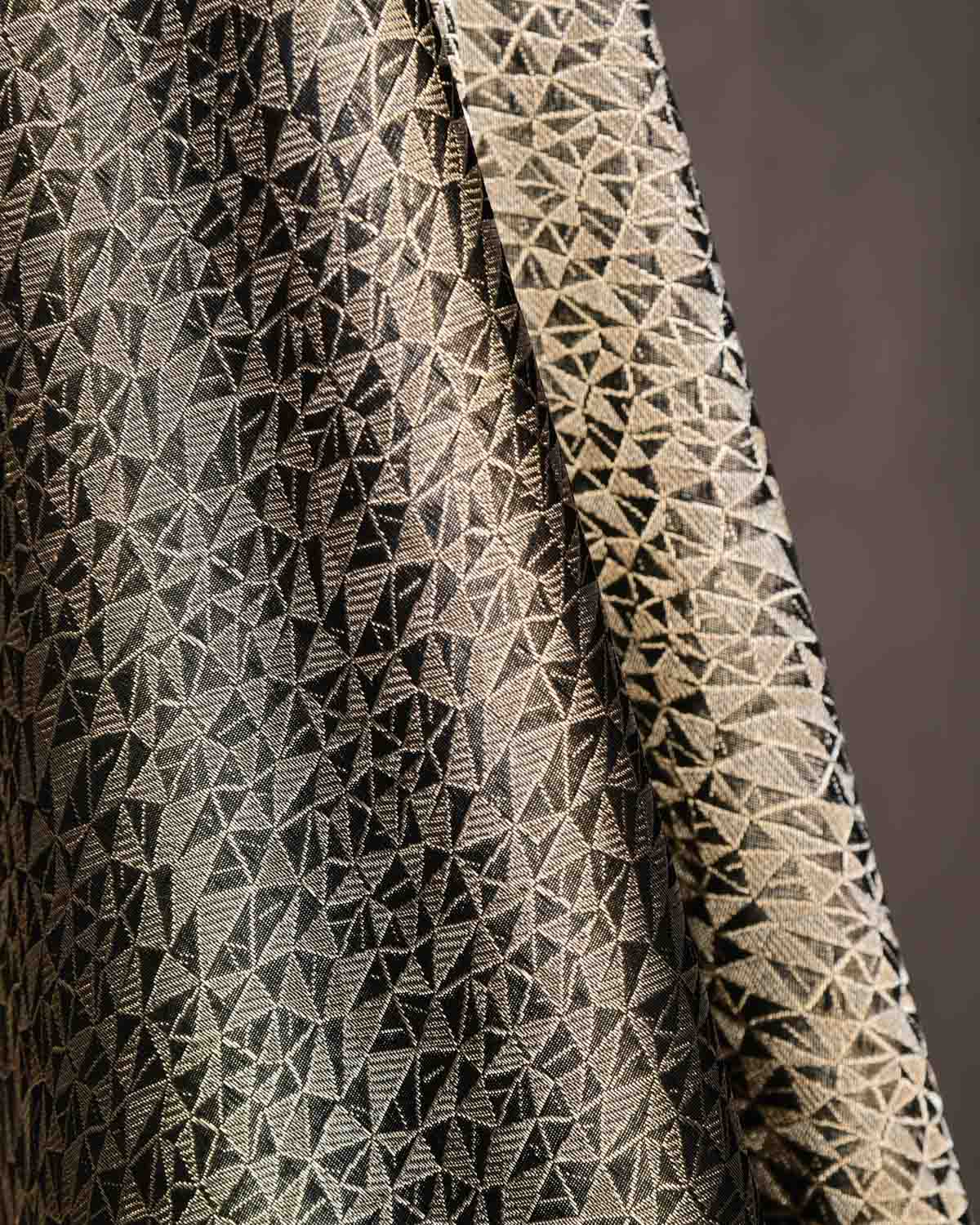 Black Random Triangle Geomtric Gold & Silver Zari Brocade Handwoven Katan Silk Banarasi Fabric-HolyWeaves