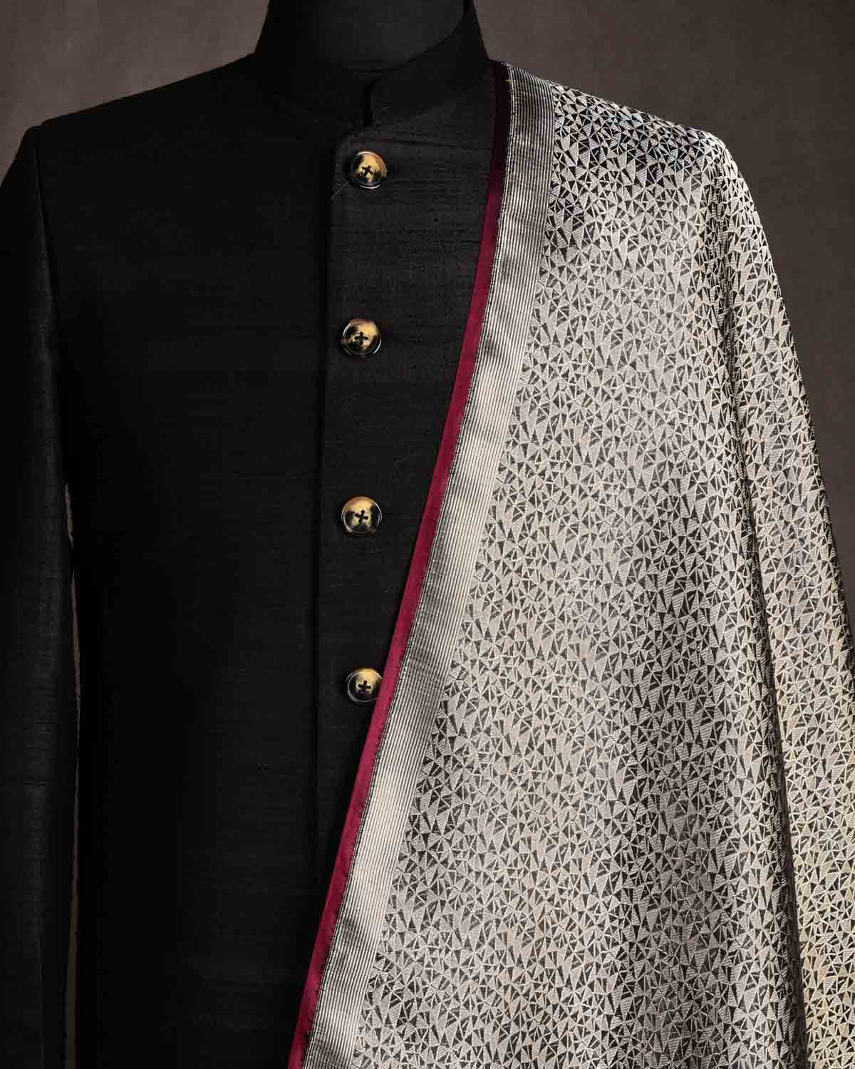 Black Random Triangle Geomtric Gold & Silver Zari Brocade Handwoven Katan Silk Banarasi Fabric-HolyWeaves