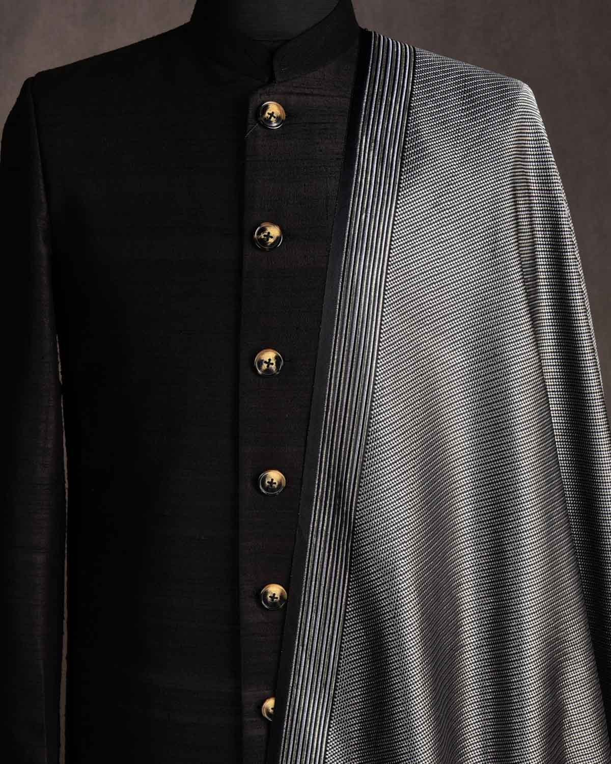 Metallic Black Carbon Fiber Satin Tanchoi Handwoven Katan Silk Banarasi Fabric-HolyWeaves