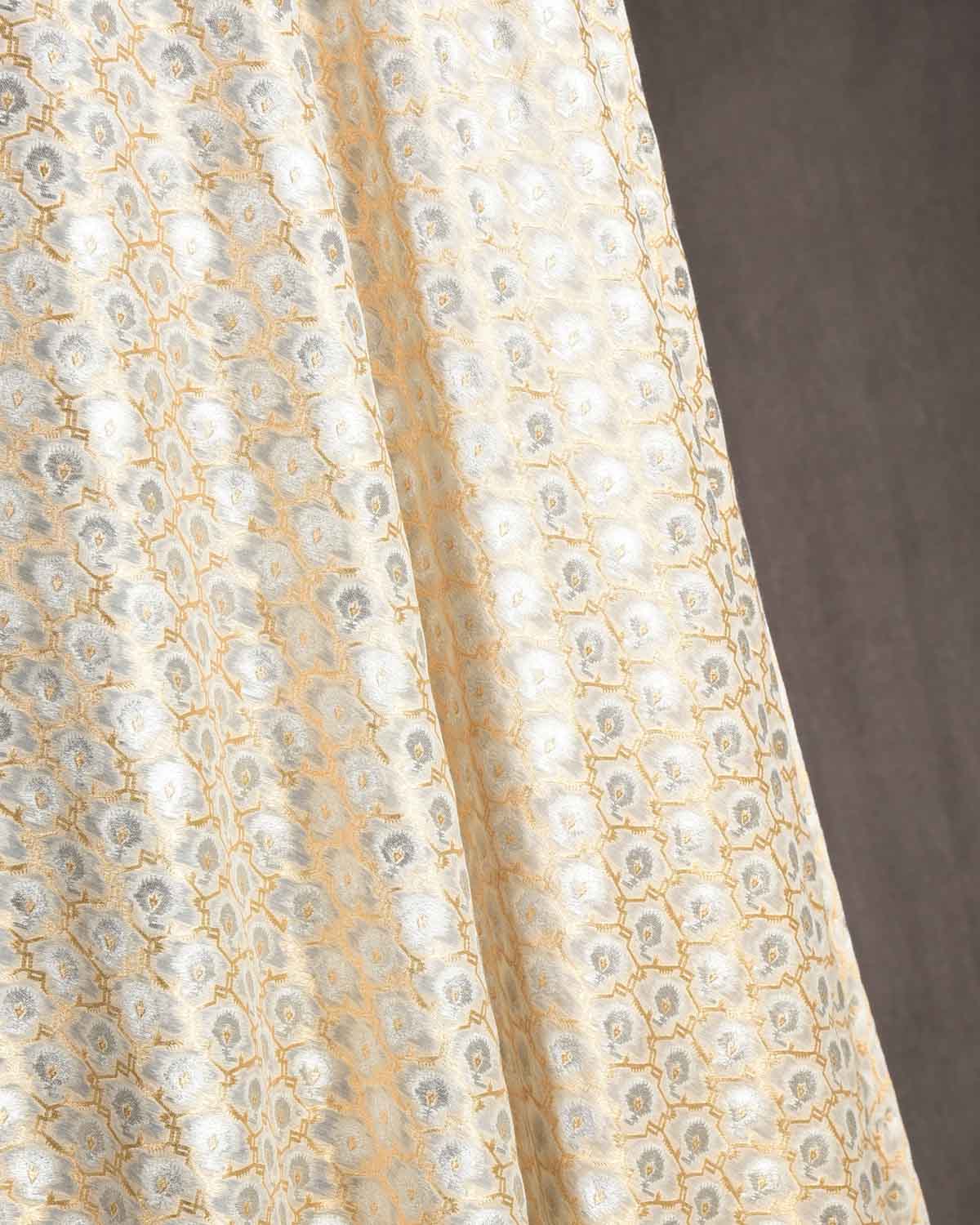 Ivory White Classical Jangla Cutwork Brocade Woven Cotton Silk Banarasi Fabric-HolyWeaves