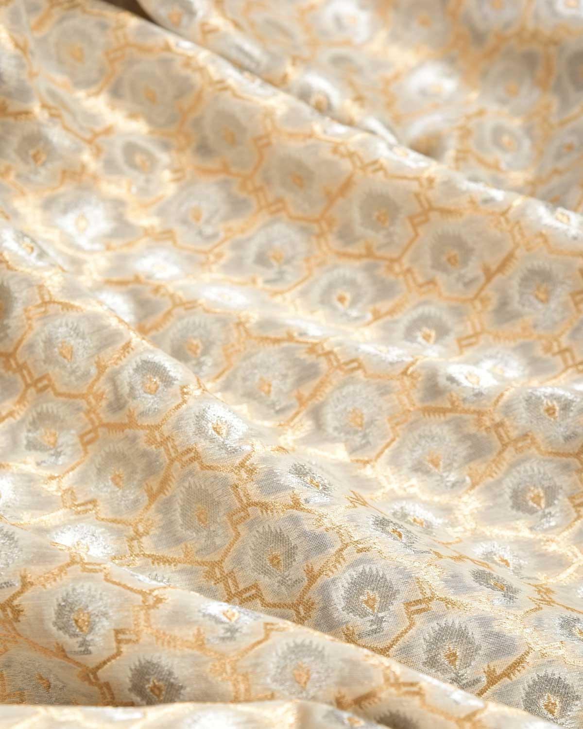 Ivory White Classical Jangla Cutwork Brocade Woven Cotton Silk Banarasi Fabric-HolyWeaves