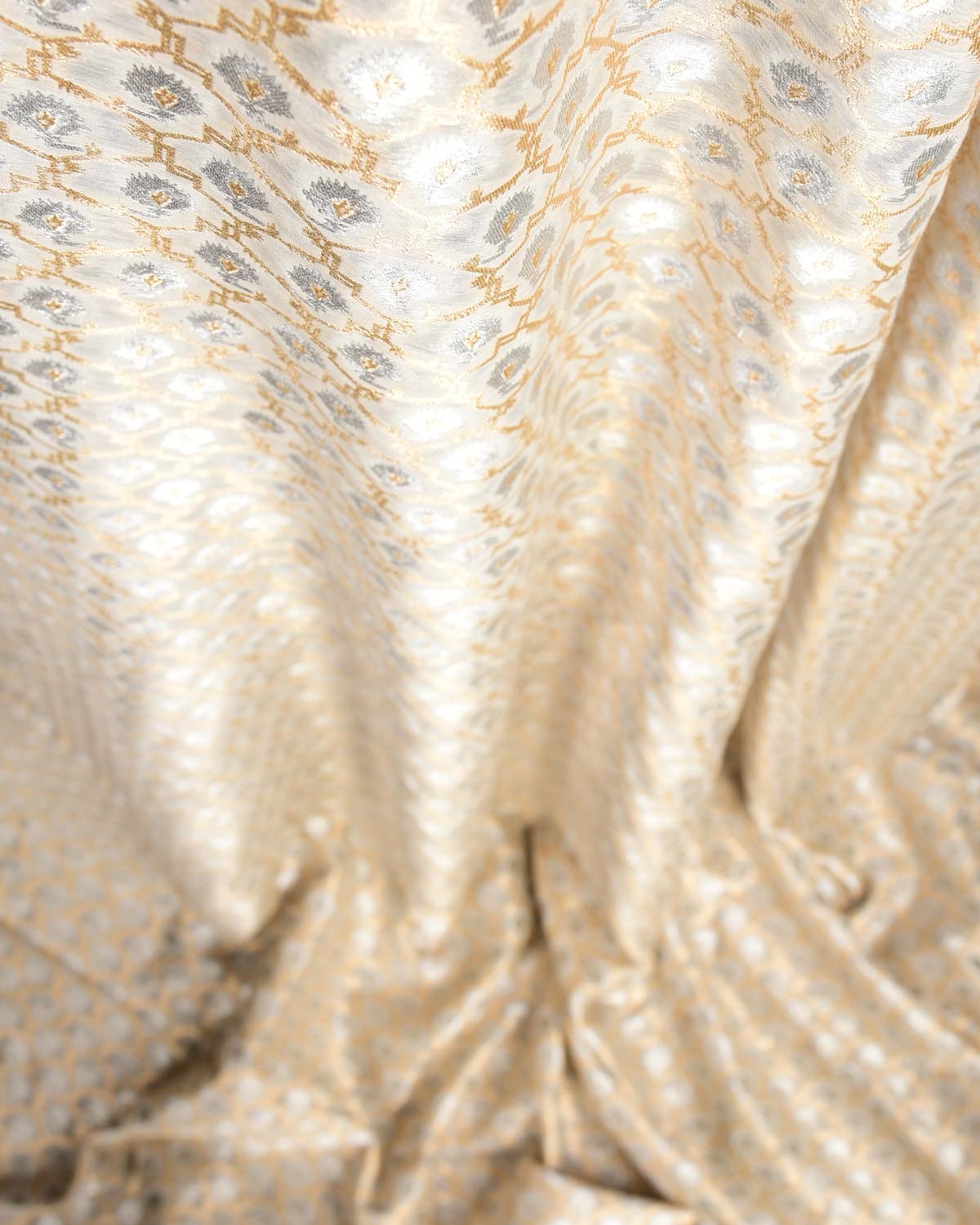 Ivory White Classical Jangla Cutwork Brocade Woven Cotton Silk Banarasi Fabric-HolyWeaves