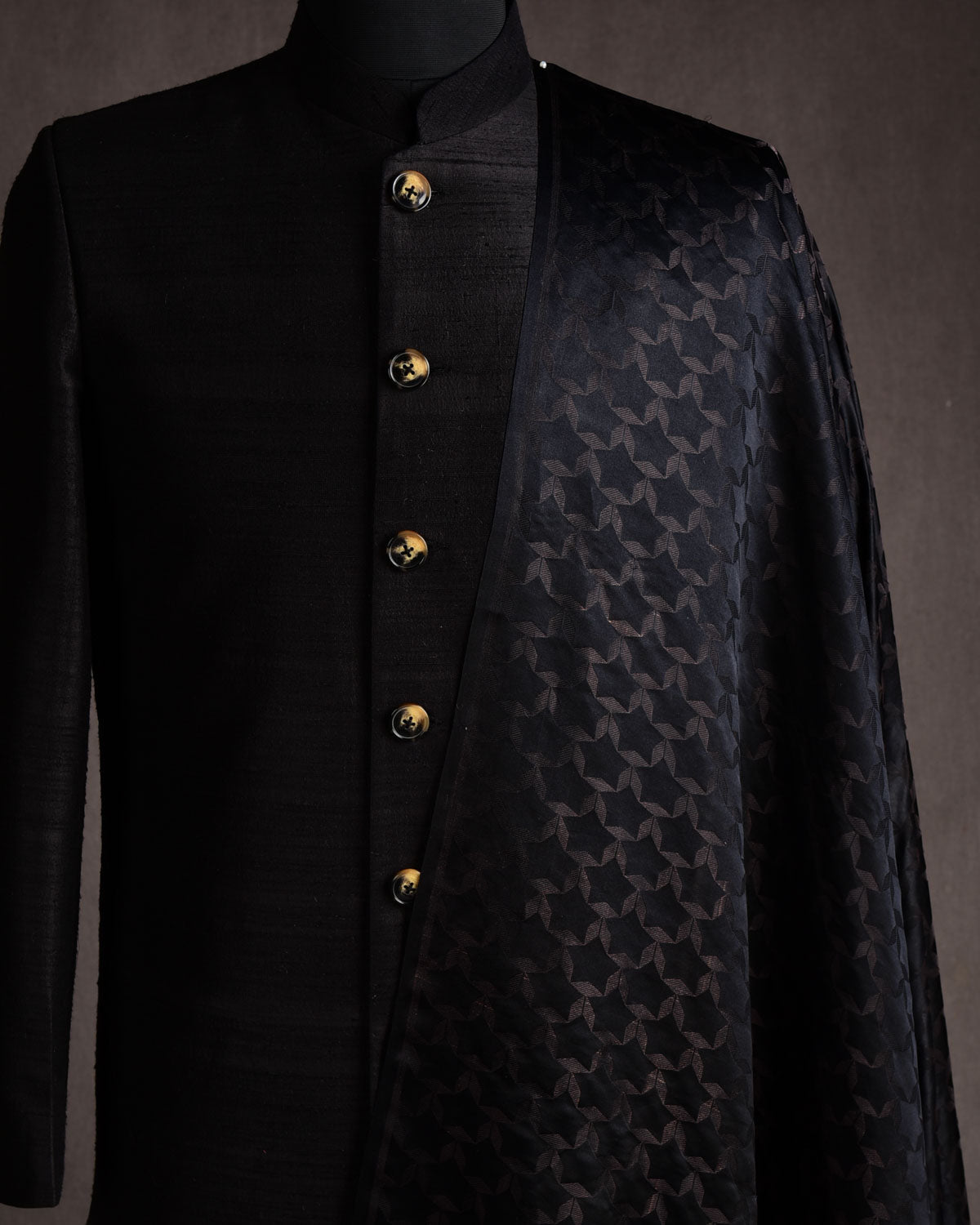 Black Kaleidoscopic Stars Satin Tanchoi Handwoven Katan Silk Banarasi Fabric-HolyWeaves