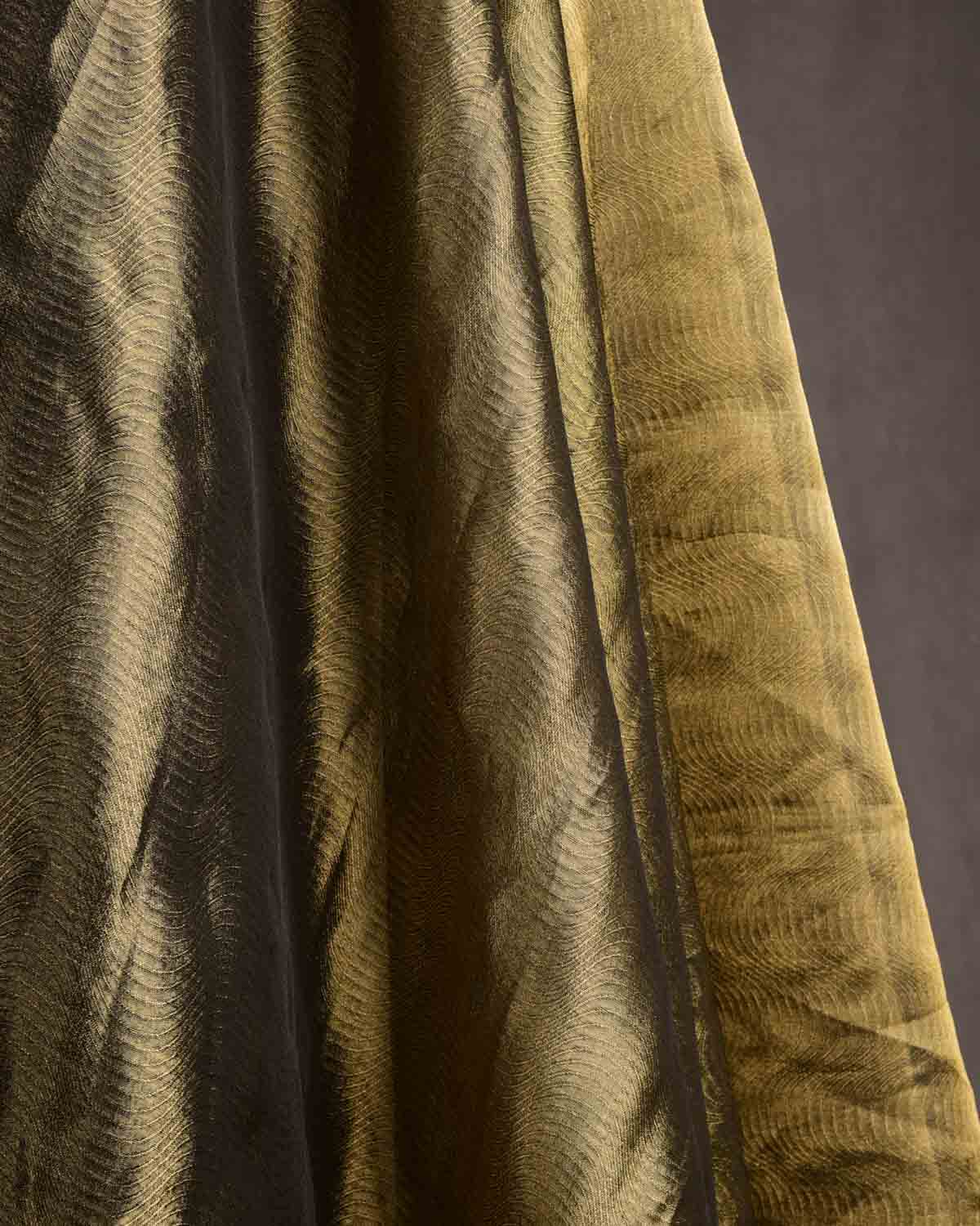 Metallic Antique Gold WATERMARK Scallop Brocade Woven Kora Tissue Banarasi Fabric-HolyWeaves