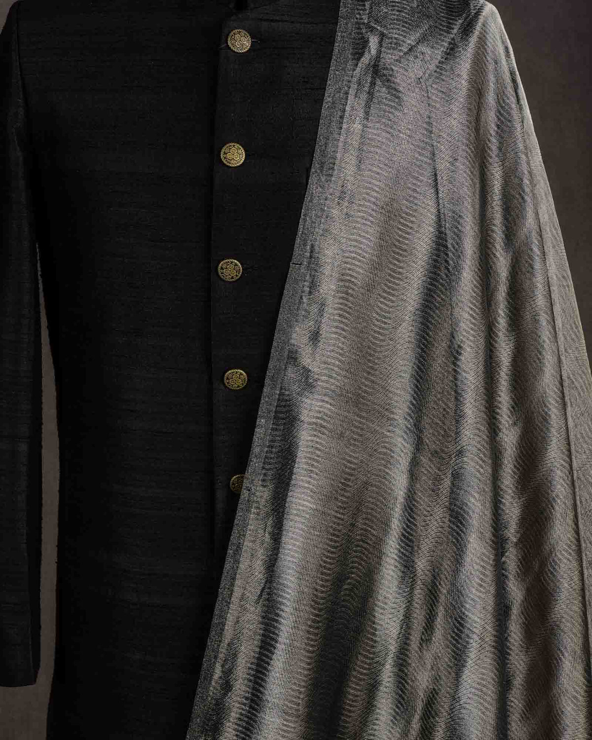 Metallic Gray WATERMARK Scallop Brocade Woven Kora Tissue Banarasi Fabric-HolyWeaves