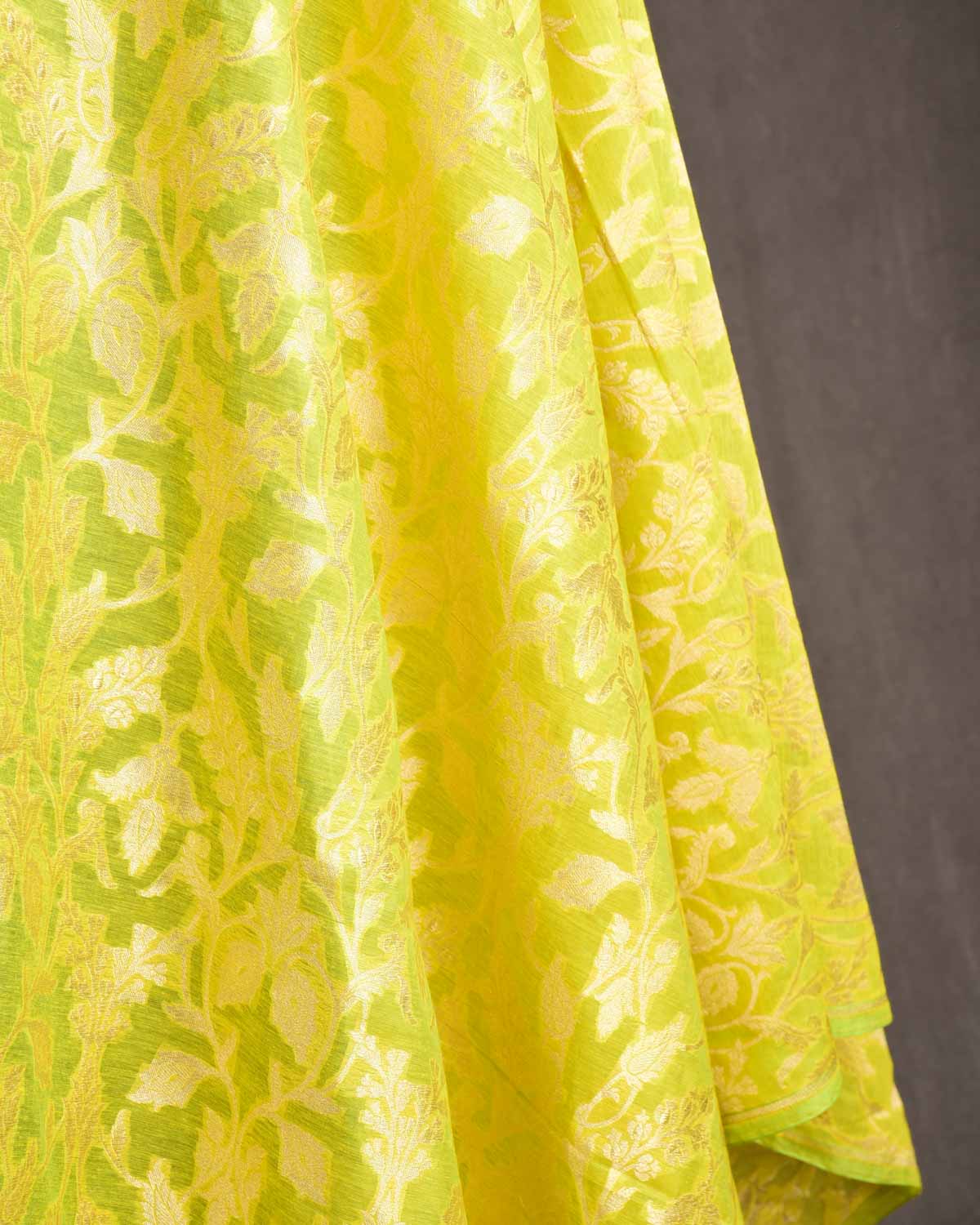 Lime Green Gold Zari Floral Cutwork Brocade Handwoven Cotton Silk Banarasi Fabric-HolyWeaves