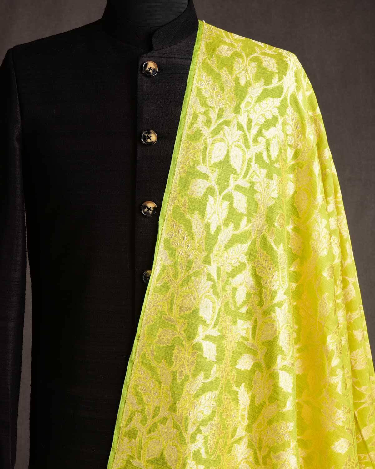 Lime Green Gold Zari Floral Cutwork Brocade Handwoven Cotton Silk Banarasi Fabric-HolyWeaves